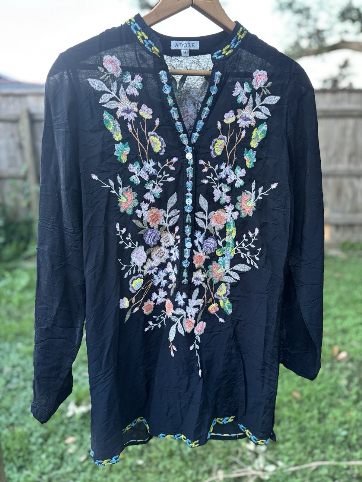 Adore Embroidered Crinkle Gauzy Tunic Top Sz Medium Roll Tab Sleeves Bamboo Boho