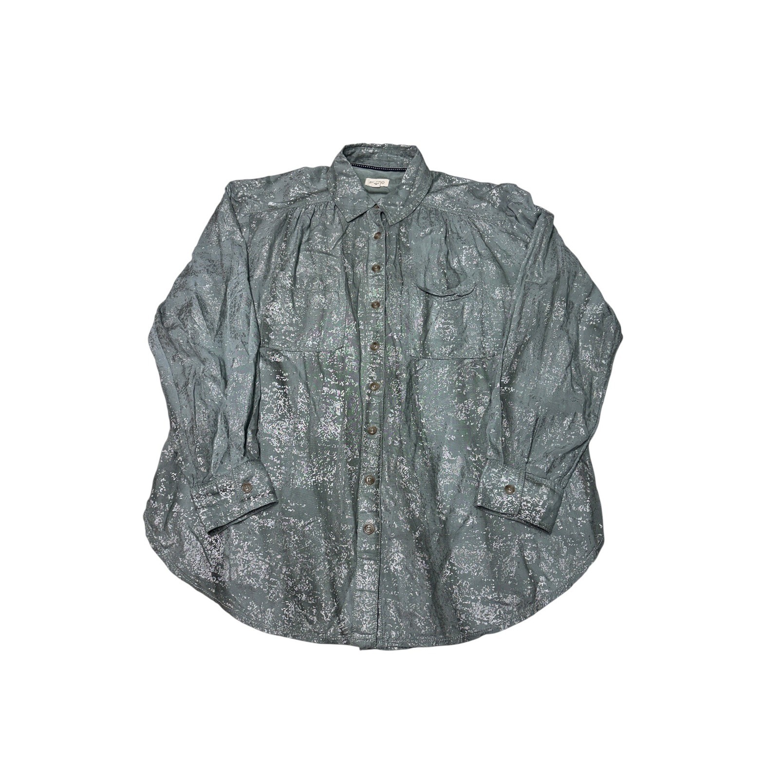 Pilcro Anthropologie Sage Green Silver Metallic Foil Button Down Shirt Womens S