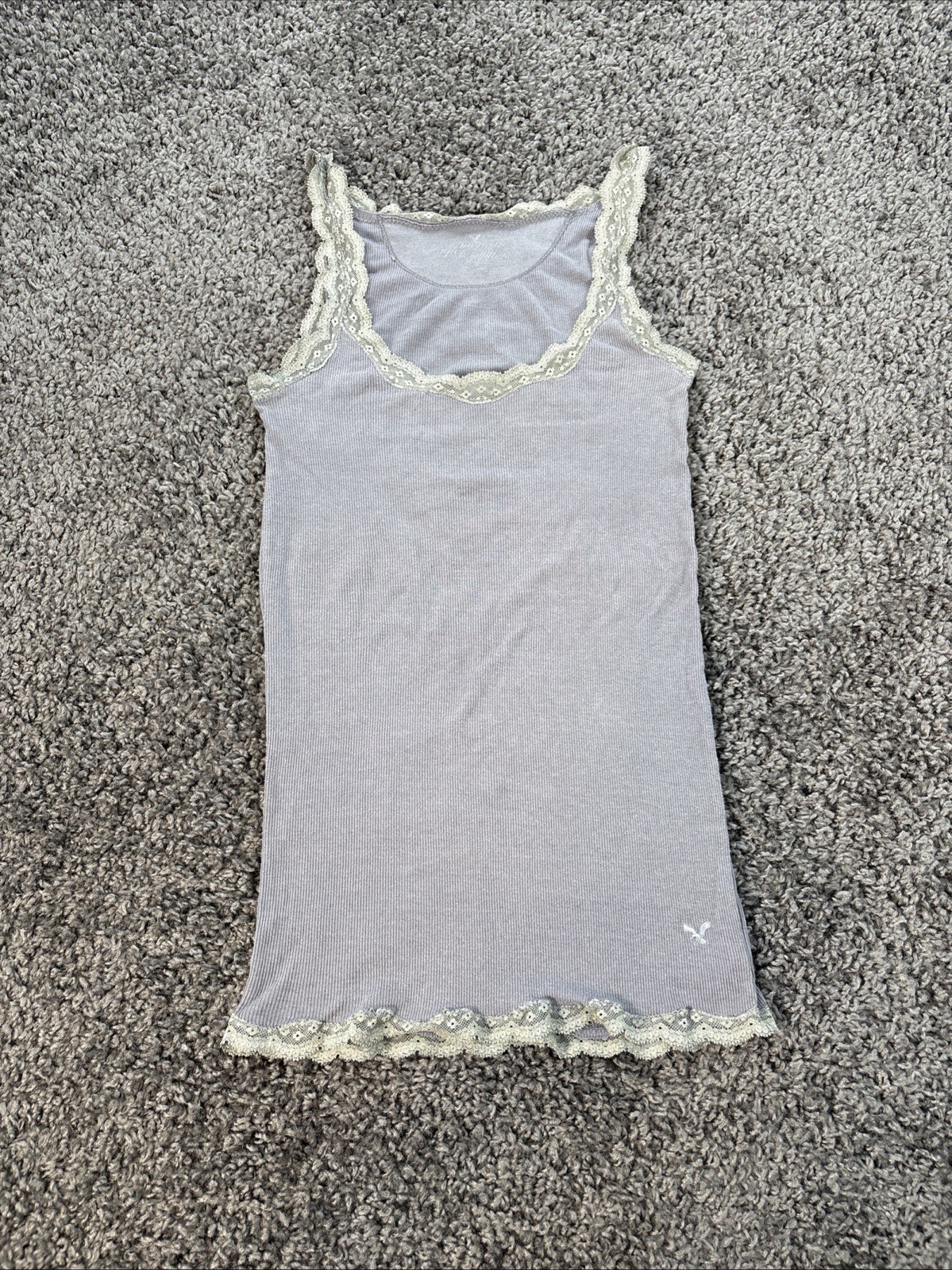 Vtg Y2K American Eagle Tank Top XS Gray Ribbed Lace Baby Cami Fairy Preppy