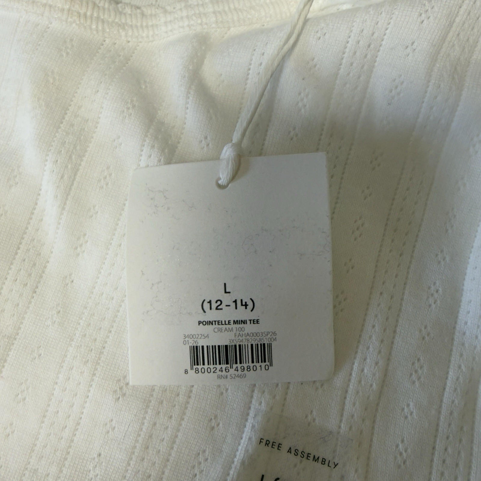 Free Assembly Women’s Pointelle Mini Tee Size Large Cream Short Sleeve