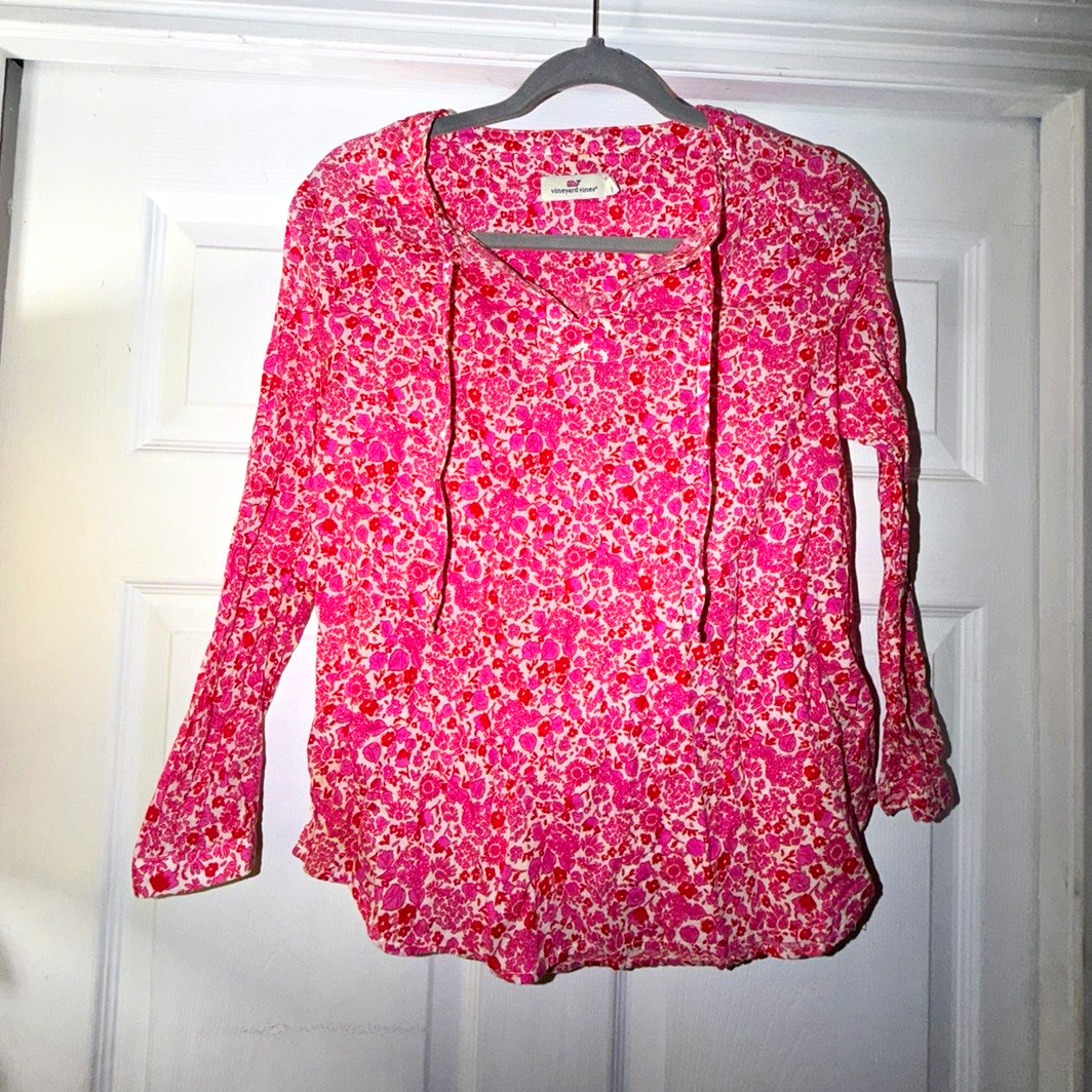 Vineyard Vines Pink Floral V-Neck Button Front Ruffle Woven Blouse XS