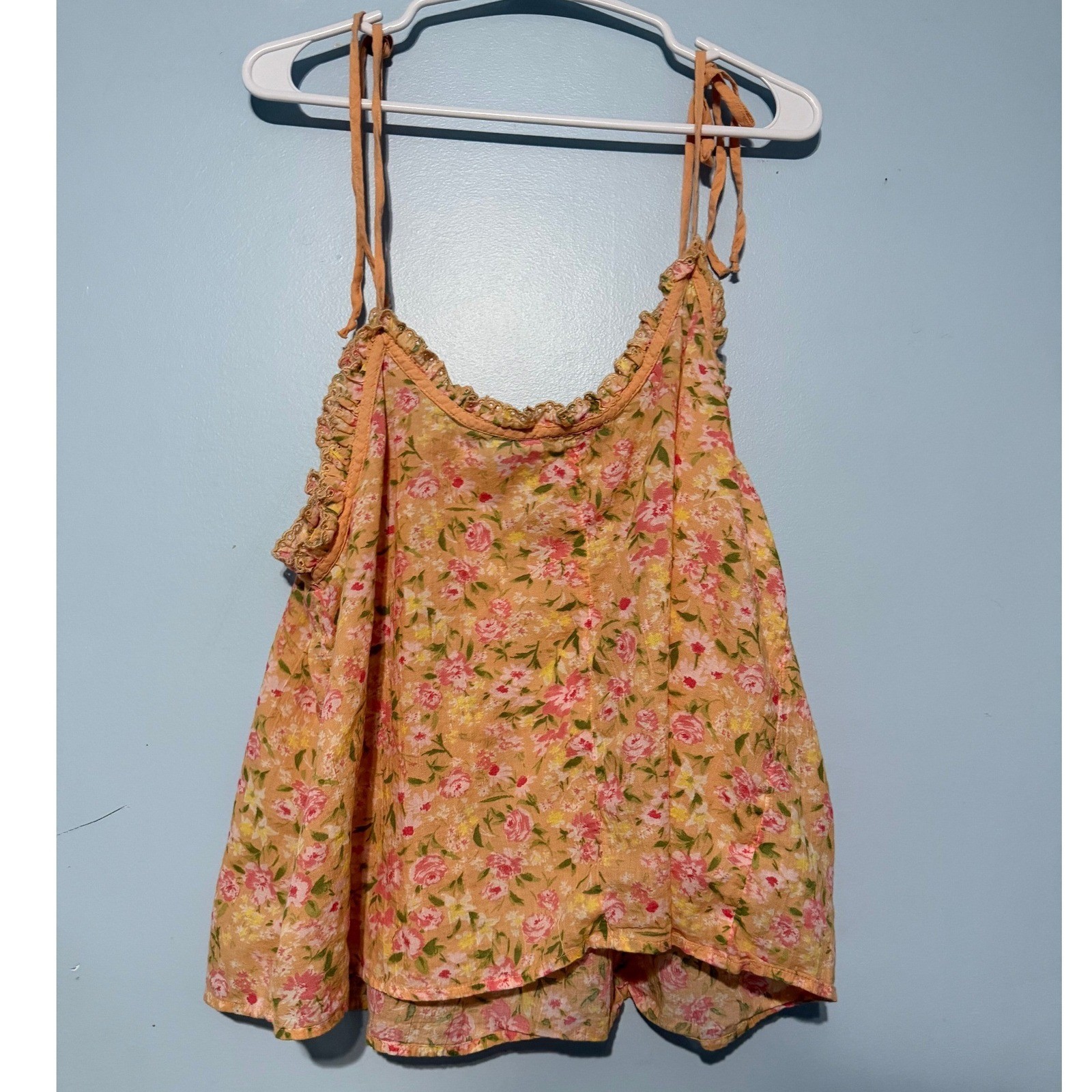 American Eagle XL Floral Tie Strap Ruffle Camisole Top Orange Pink Cotton 1461