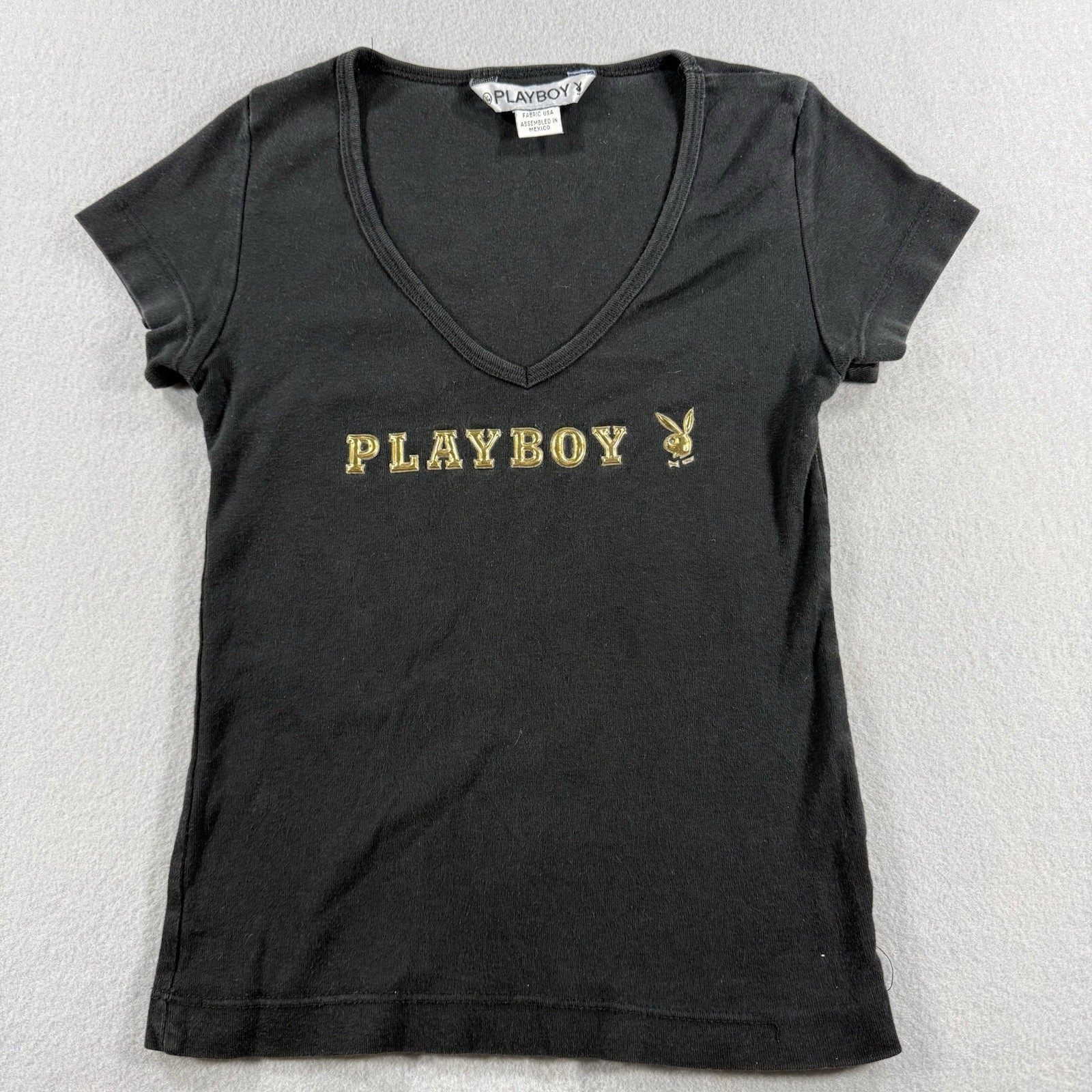 Playboy Bunny Gold Logo Ribbed Crop Top Womens S/M Y2K Baby Tee Vintage V Neck
