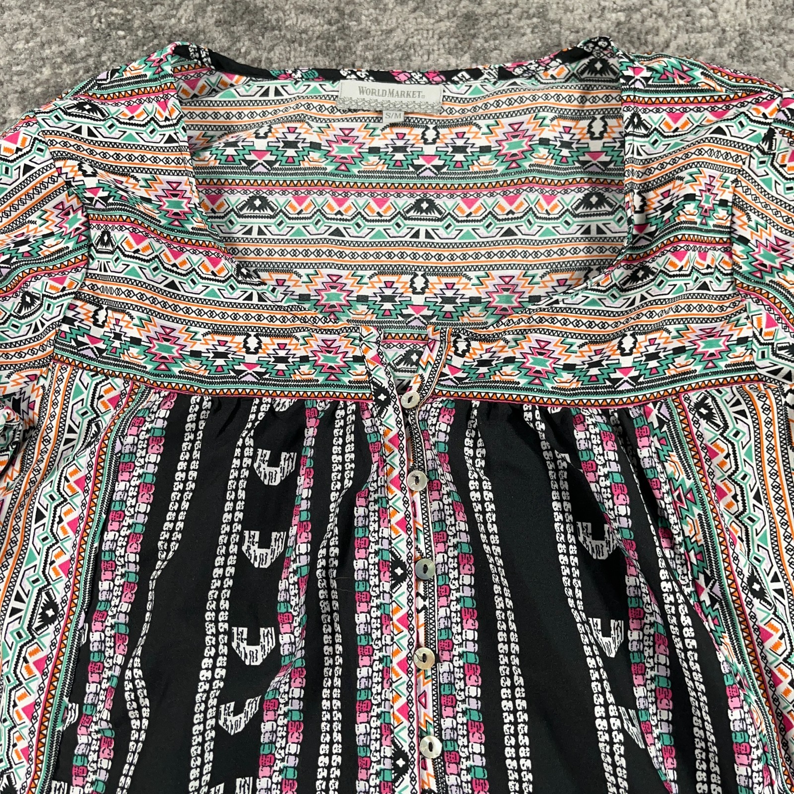 World Market Tunic Blouse Womens Small S Black Pastel Aztec Print Peasant Boho