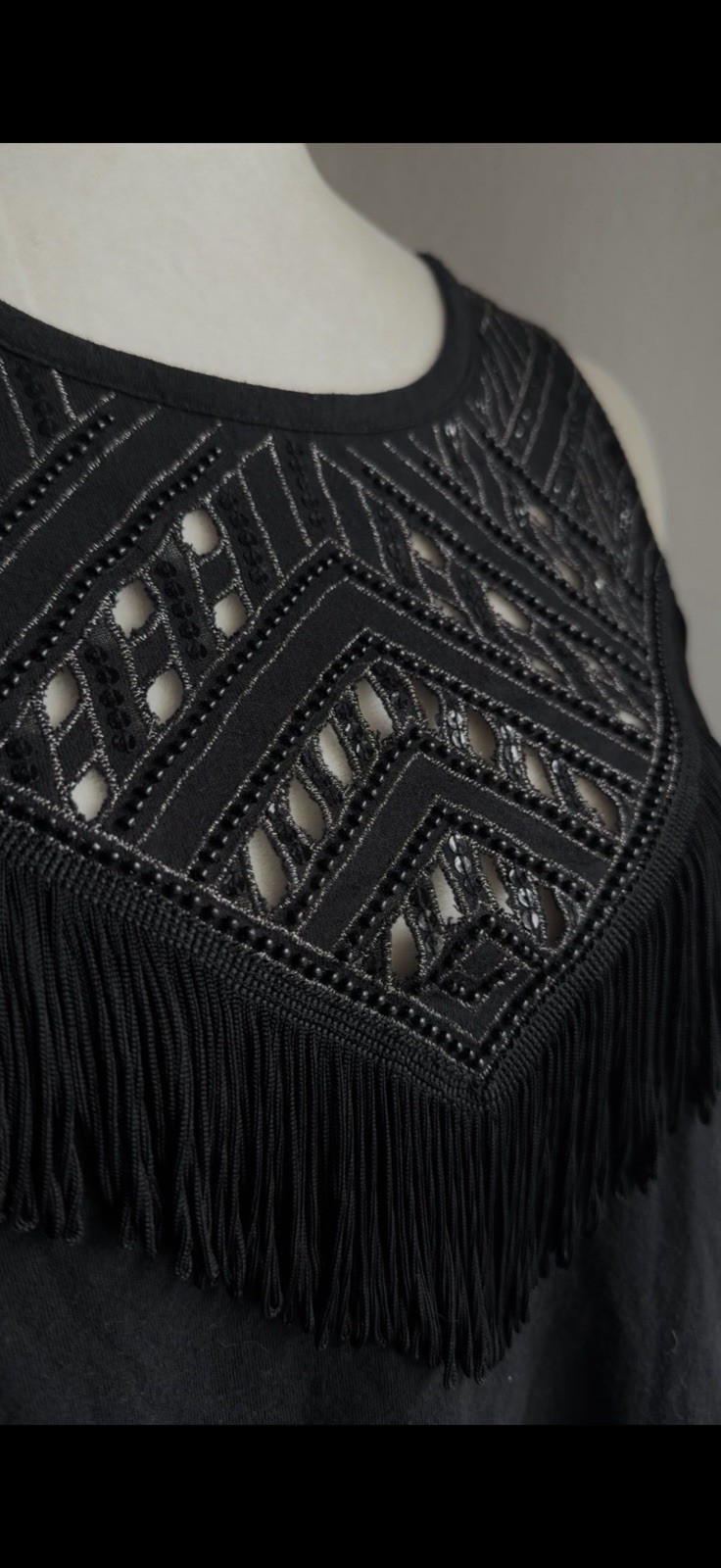 Express Black Fringe Cutout Boho Tank Top | Embellished Sleeveless Festival Top