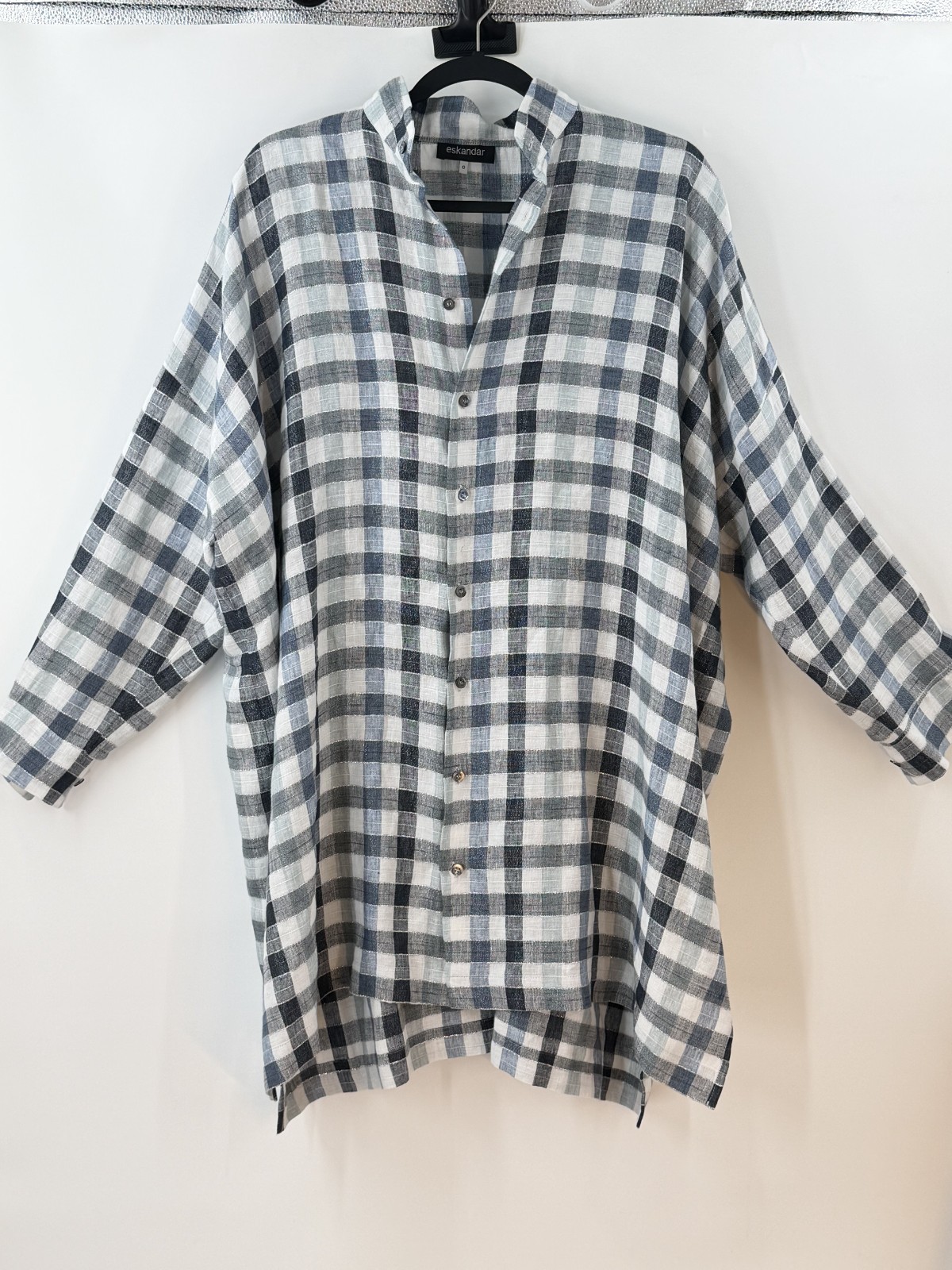 Eskandar Plaid Linen Blend Oversized Button Tunic Shirt Navy Gray White Size 0