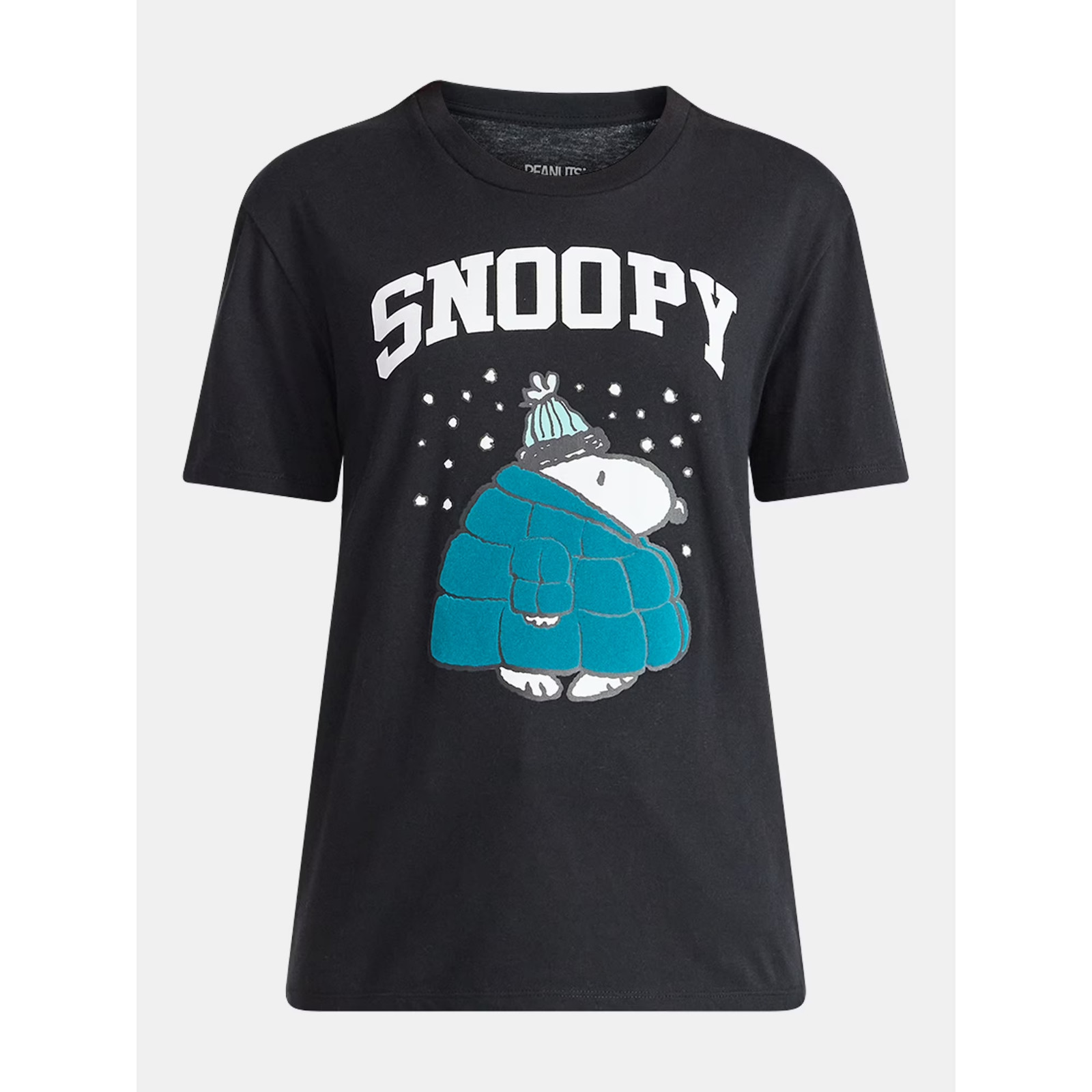 Snoopy Women’s Graphic Print Tee with Short Sleeves, Size XS, Regular Fit, Black