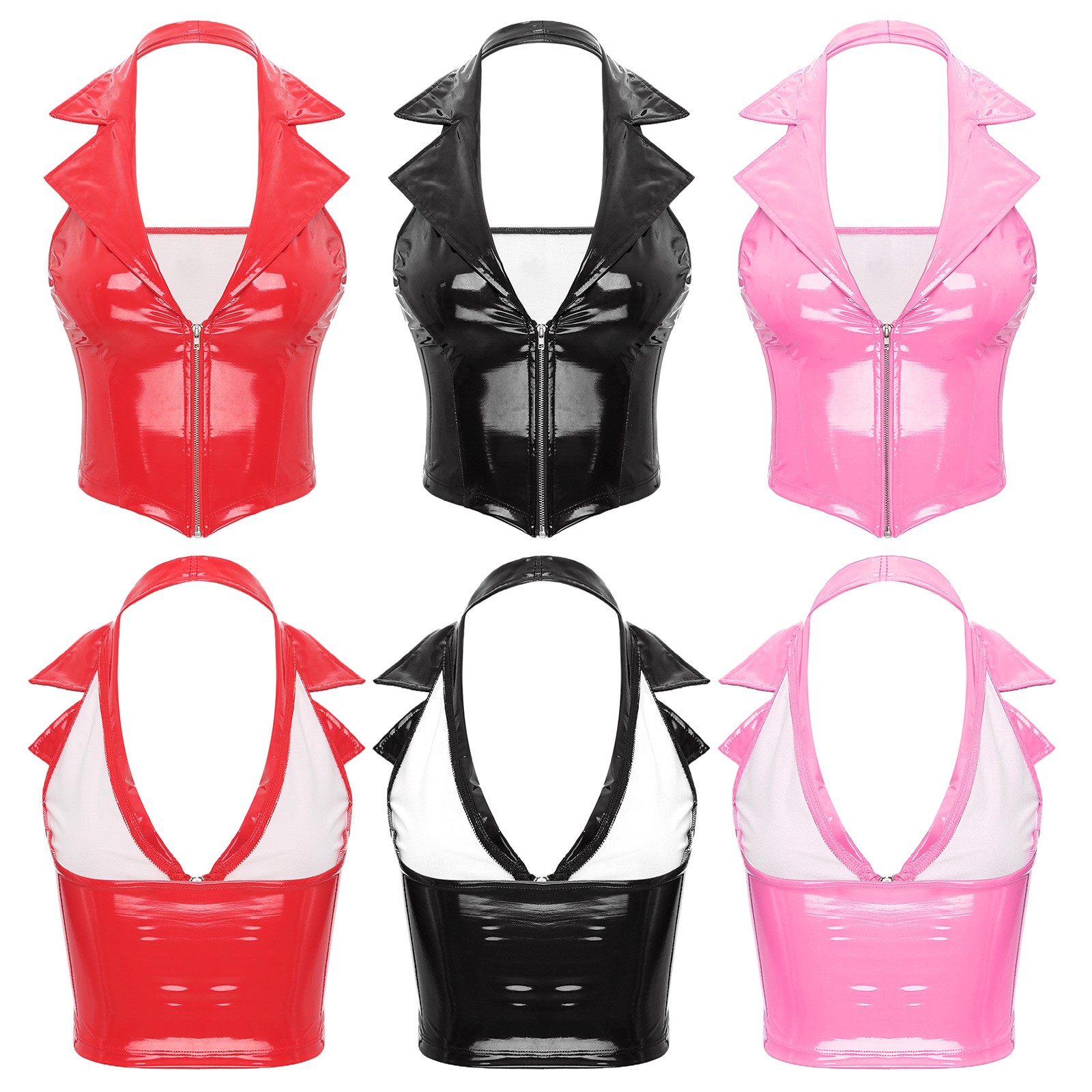 Women Wet Look Halter V Neck Crop Top Tank Top Vest Latex Top Corset Streetwear