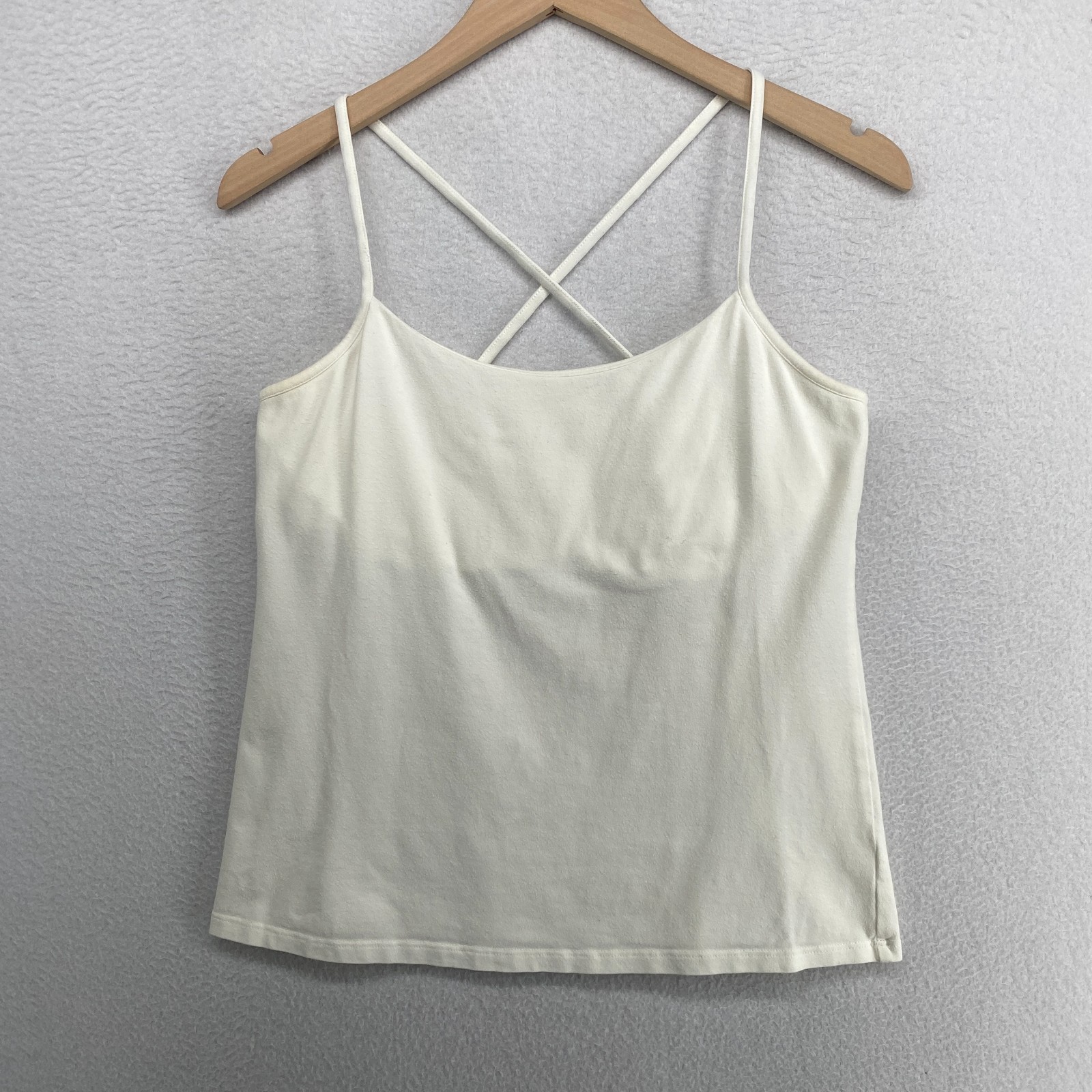 EILEEN FISHER Tank Top M Organic Cotton Jersey Cross Back Shelf Bra White USA