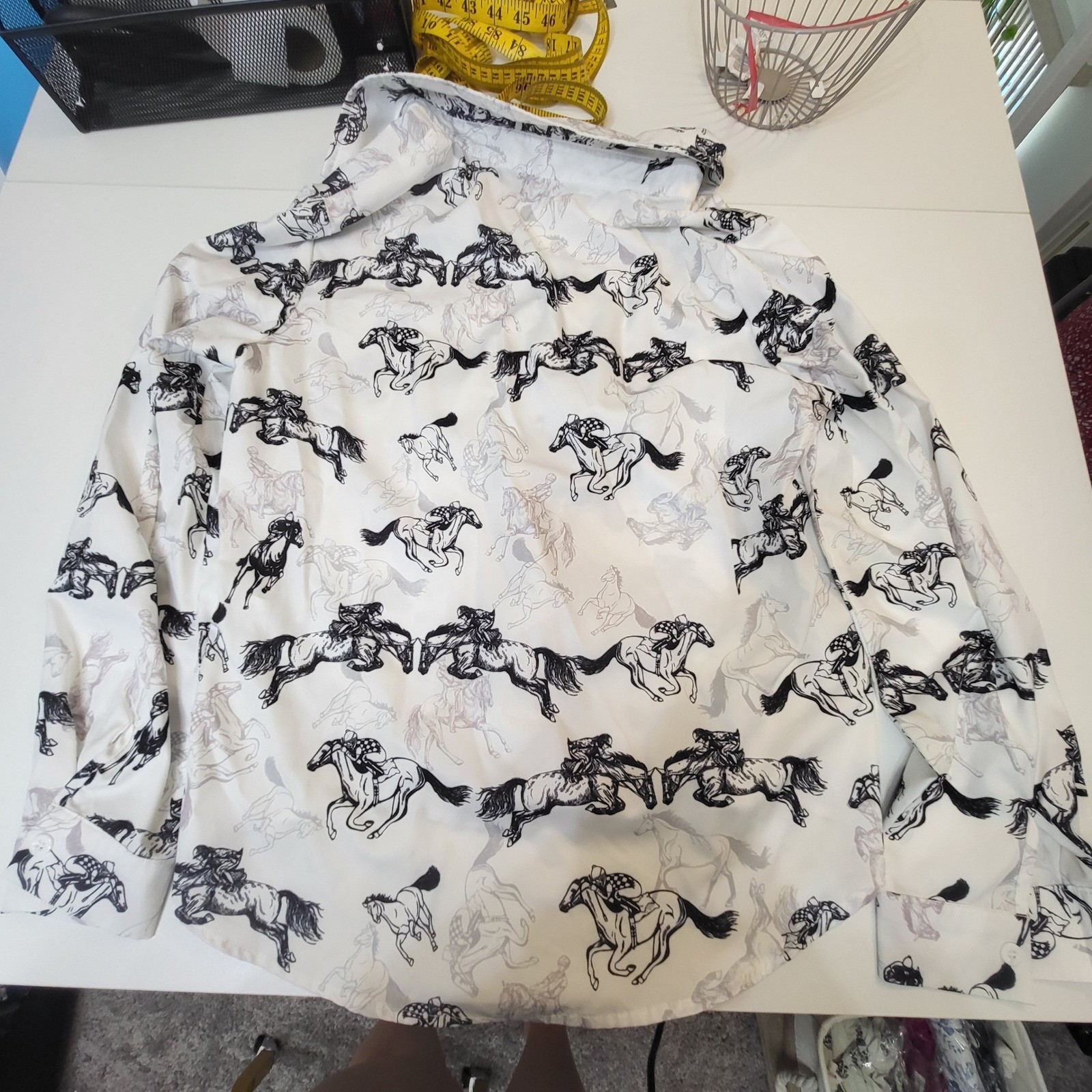 Womens White Equestrian Horse Print Button Down Shirt Long Sleeve Size M Western