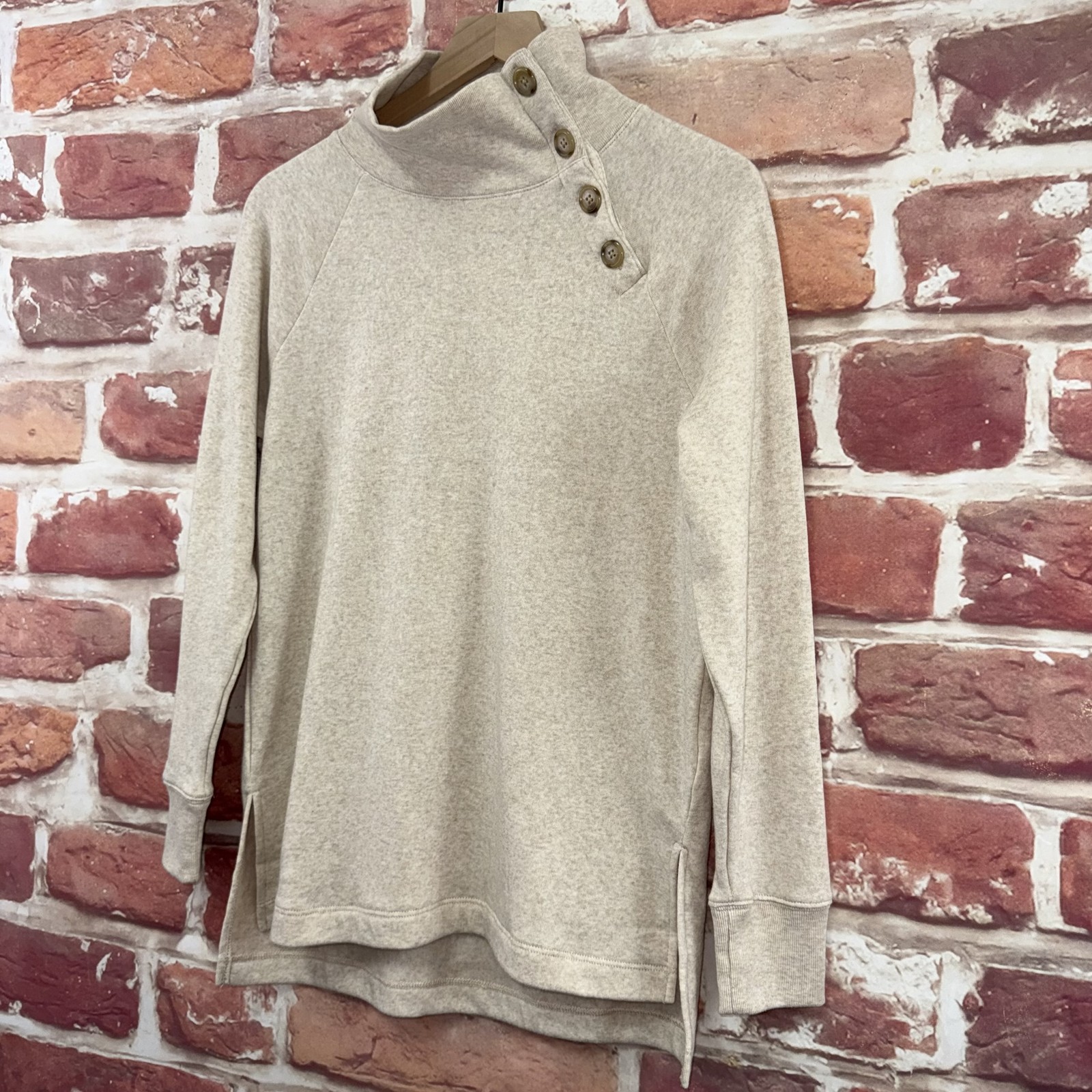 J Crew Top Womens XS Oatmeal Button Mock Neck High Low Knit Popover Shirt