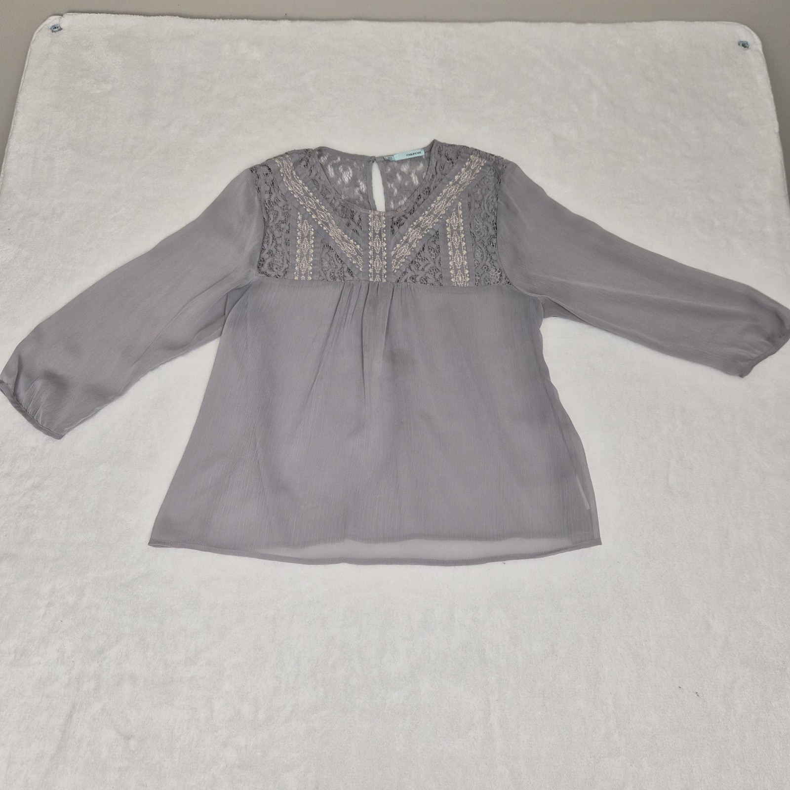 Cottagecore maurices Gray Lace Embroidered Sheer Blouse Top L Boho Fairycore Y2K