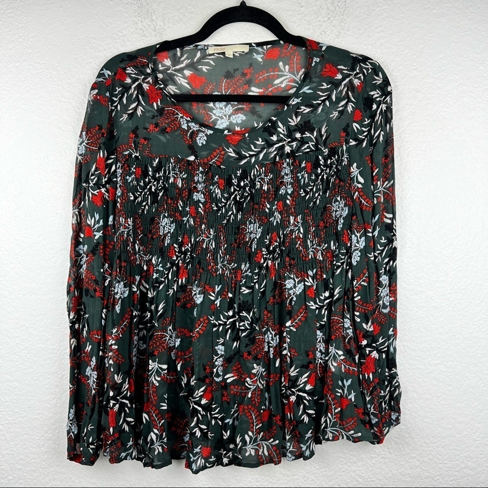 MAJE PARIS Lo Fleur Crepe Georgette Top Green Floral Sheer Blouse Size 2