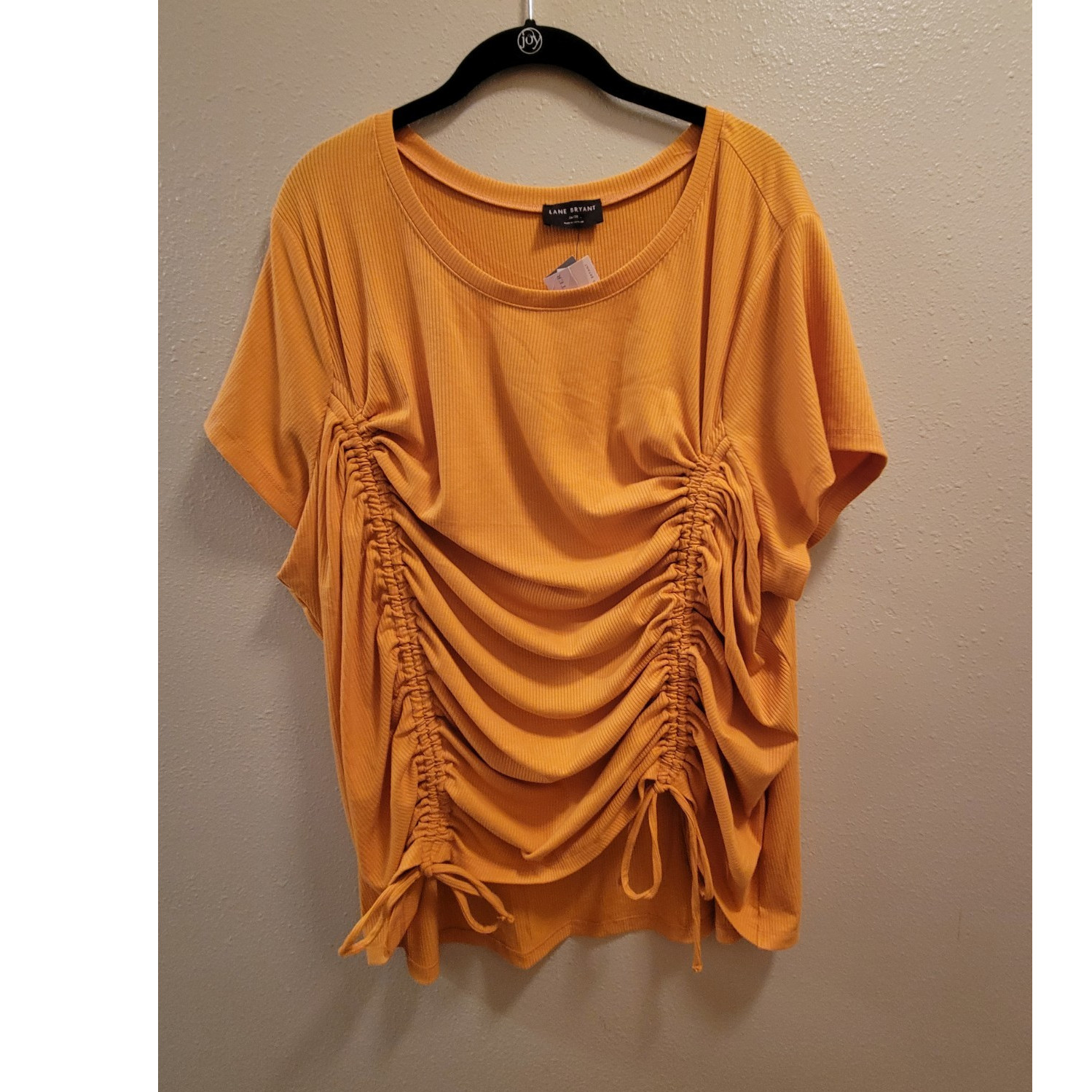 Lane Bryant Women’s Yellow Ruched Drawstring Knit Blouse Short Sleeve 26/28