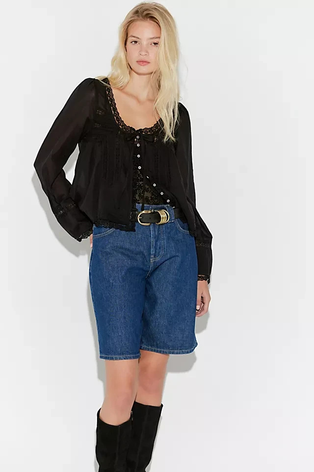 Free People Forevermore Long-Sleeve Blouse Top Lace Black Cropped Button New XS
