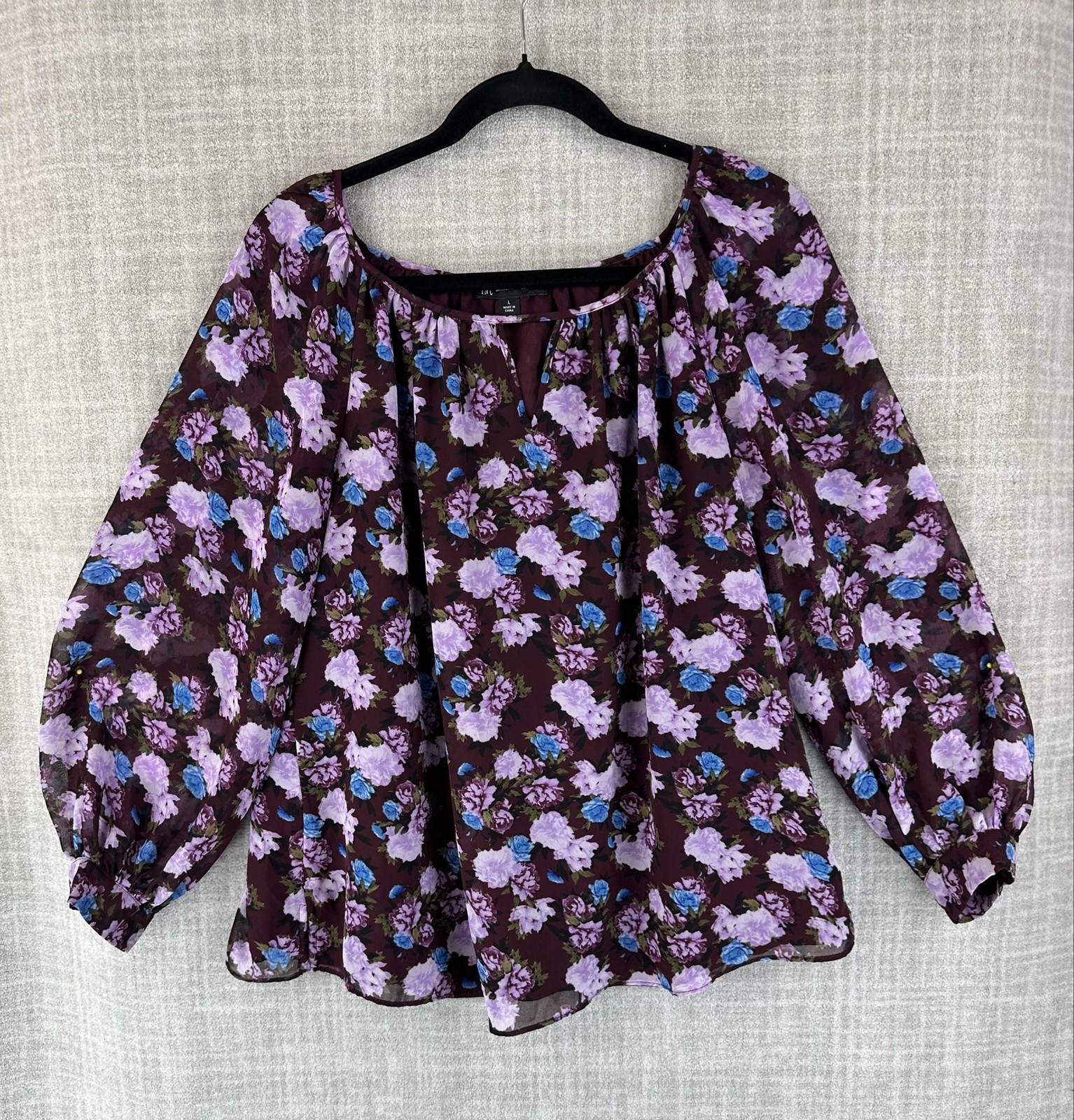 I.N.C. International Concepts Blouse Womens L Purple Floral Tunic Long Sleeve
