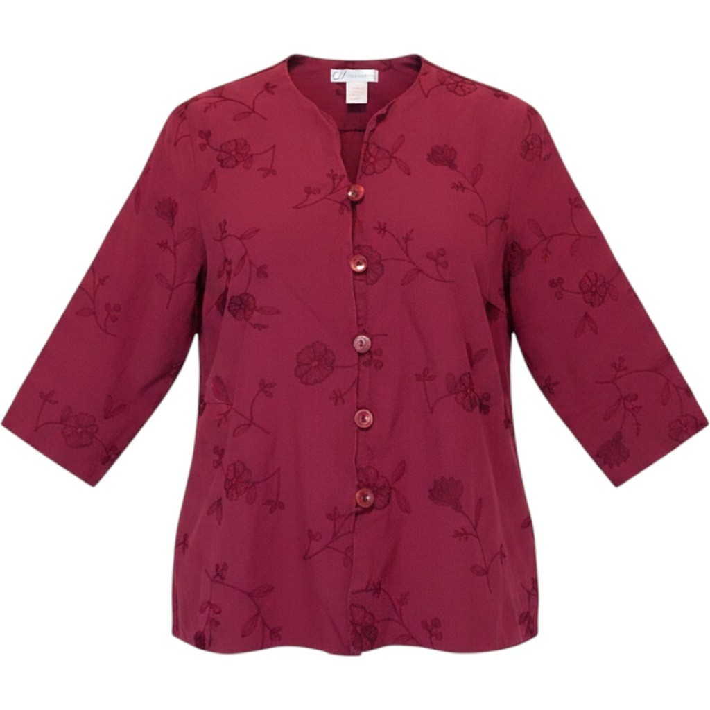 Dressbarn Silk Linen Blouse Womens L Burgundy Floral Embroidered Vintage Boho