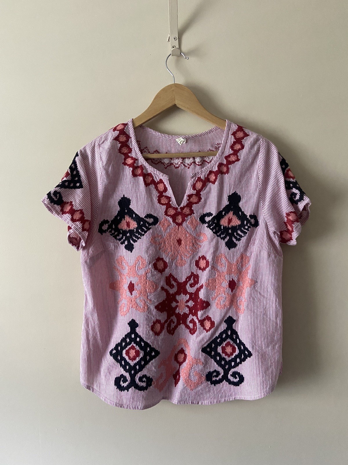 Indian Emporium Red Pink Striped Embroidered Top Cotton Size M Uk 12