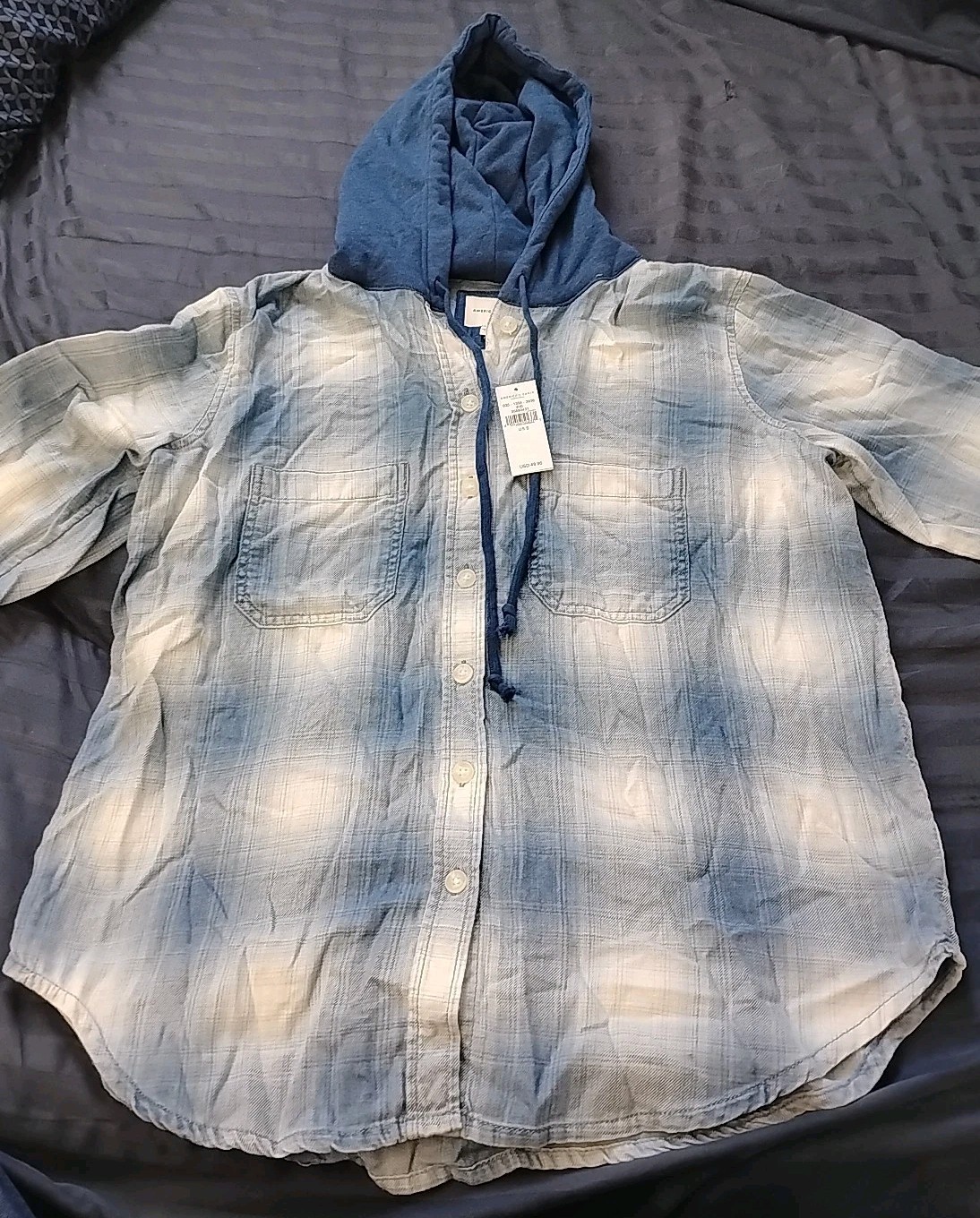 American Eagle Shirt Womens Small Blue Plaid Oversized Flannel Hoodie Button Up