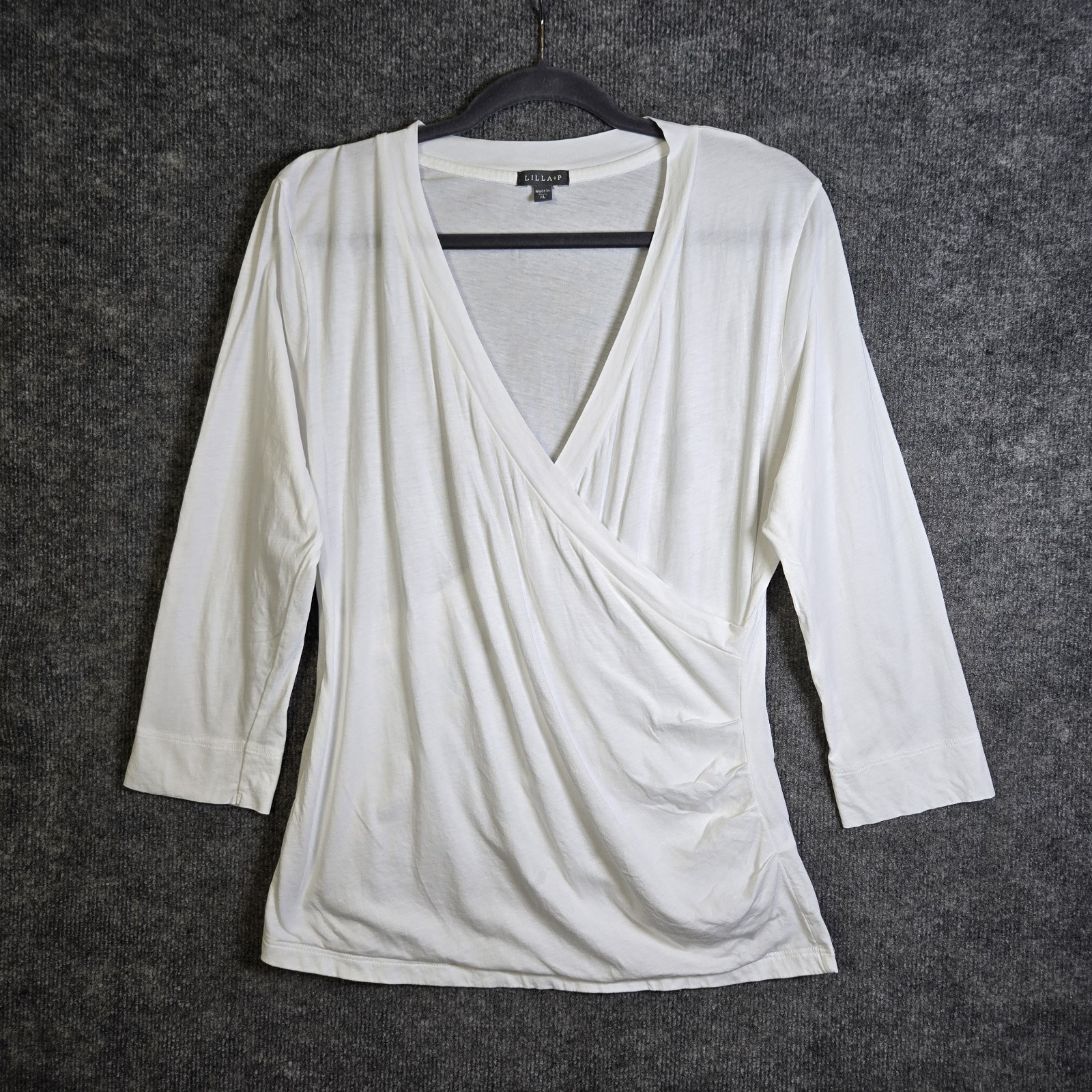 Lilla P Top Womens XL White Cotton Knit Surplice V Neck Faux Wrap Tee