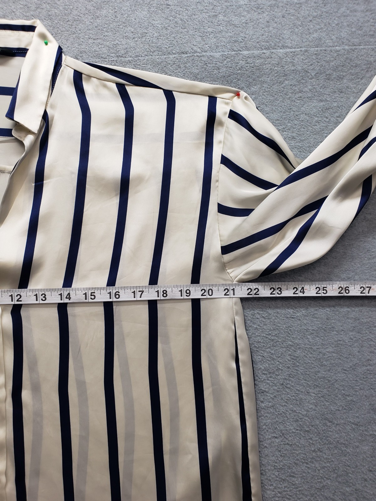 Zara Women Tops S Cream Navy Blue Striped Button Front Collared Long Sleeve City