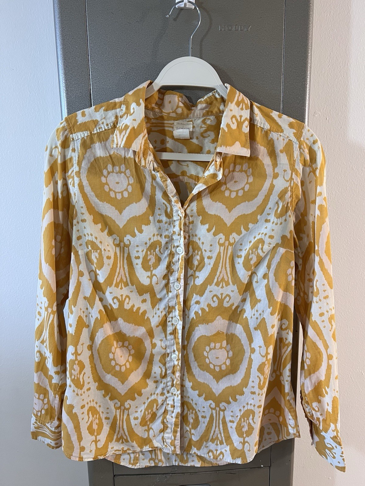 J.Crew The Perfect Shirt Yellow Ikat Print Cotton Button Down Small Summer Top