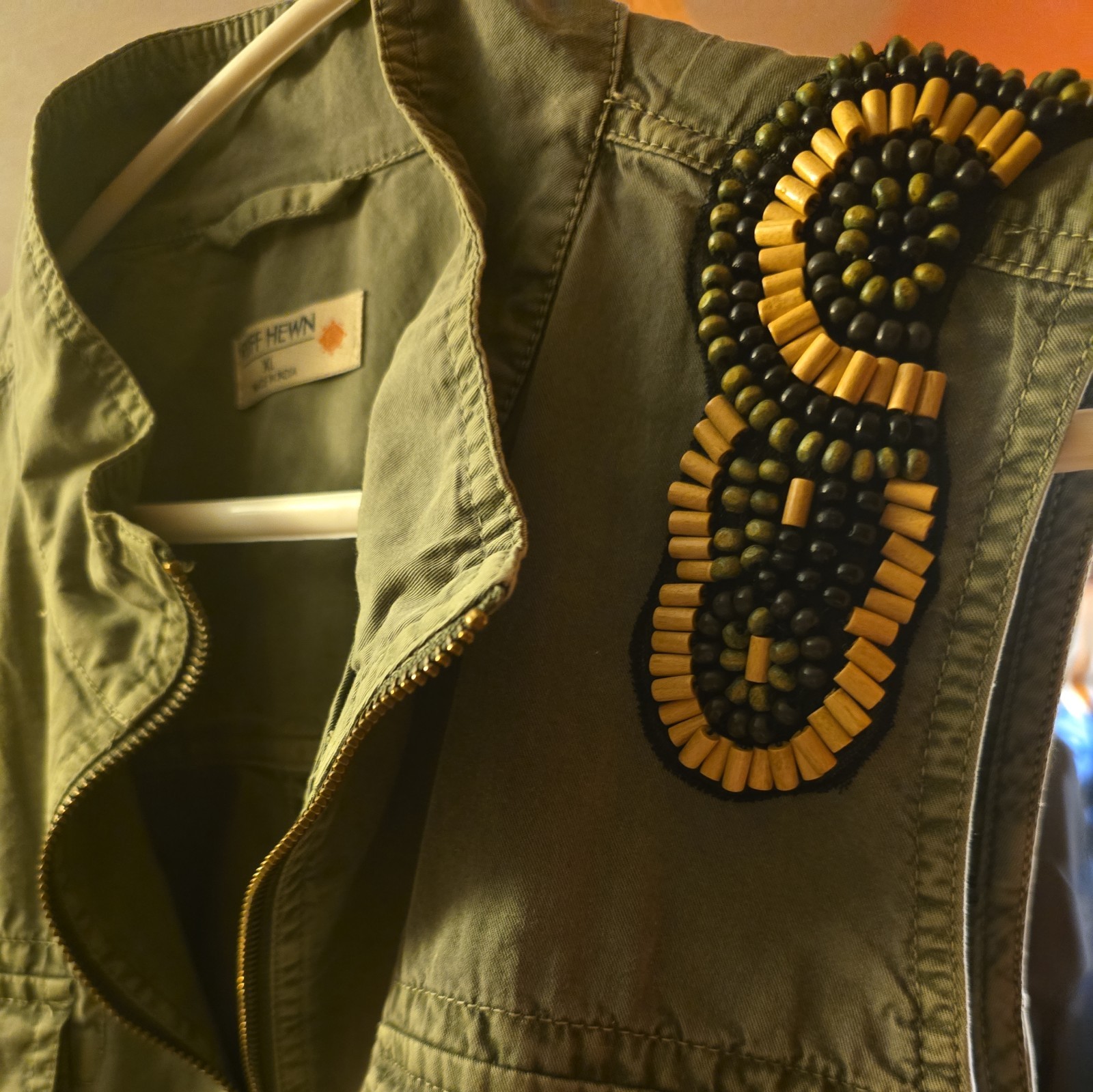 womens RUFF HEWN green utility army beaded embellished fall vest SZ XL