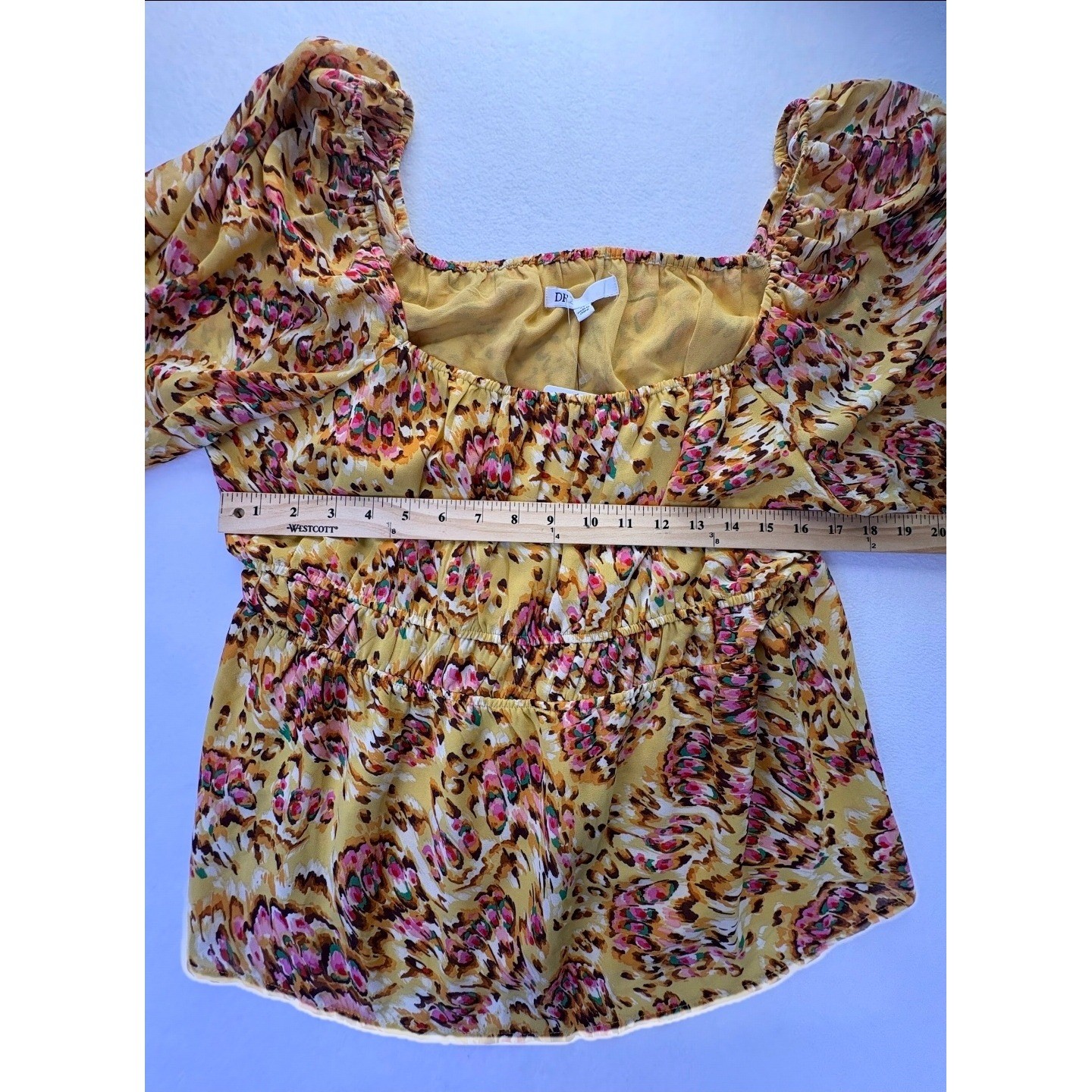 NWT Leopard Smocked Peplum Blouse Yellow Abstract Floral DR2 Women XL Animal