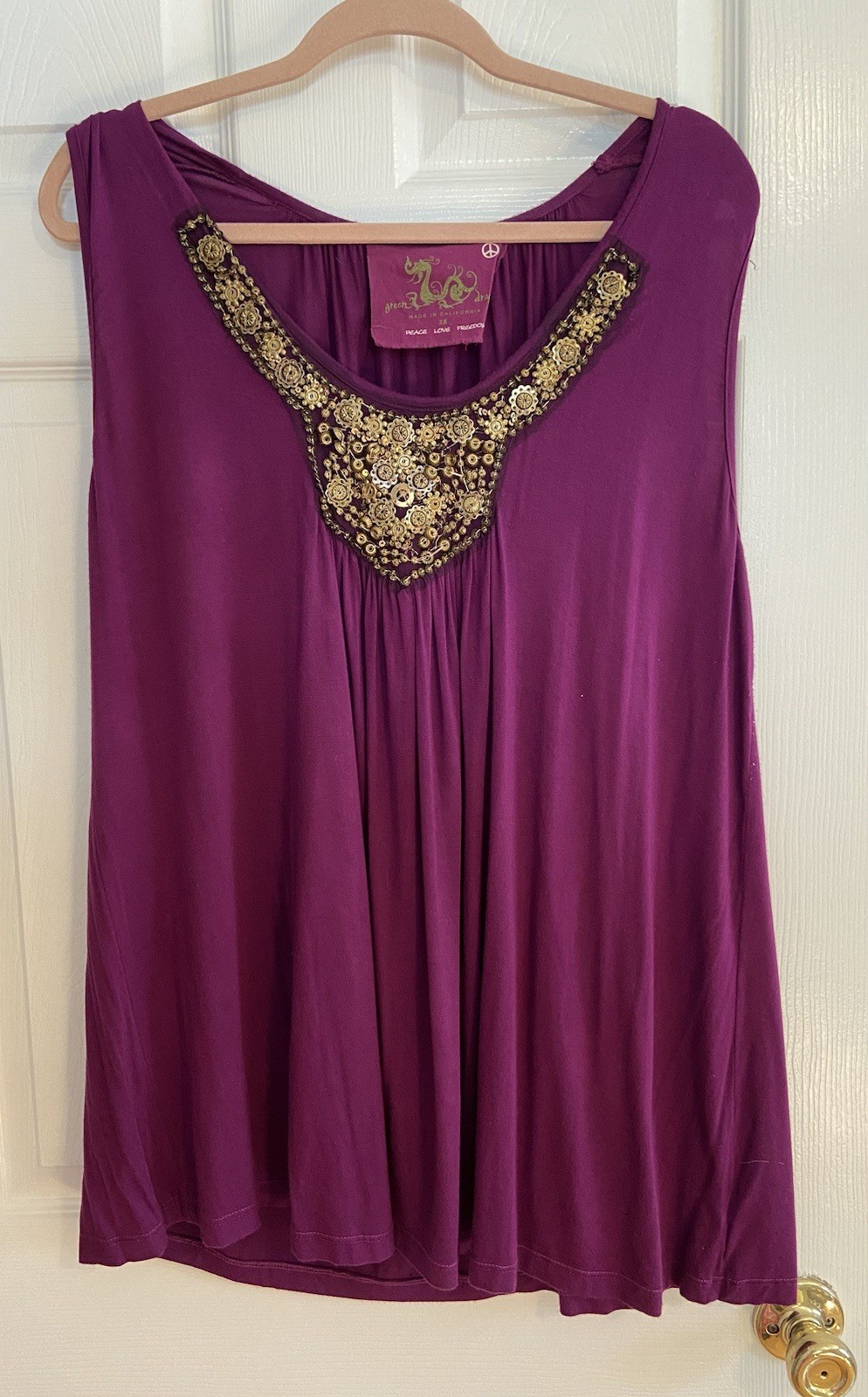 FUC 3X Green Dragon Gold Embellished Purple Sleeveless Swing Top