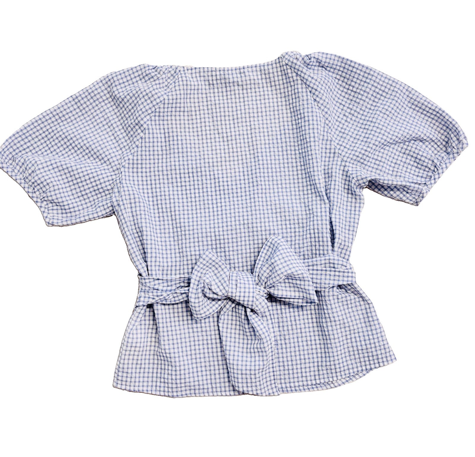 Madewell NWT Lucy Gingham Seersucker Puff-Sleeve Wrap Top Small Blue/ White
