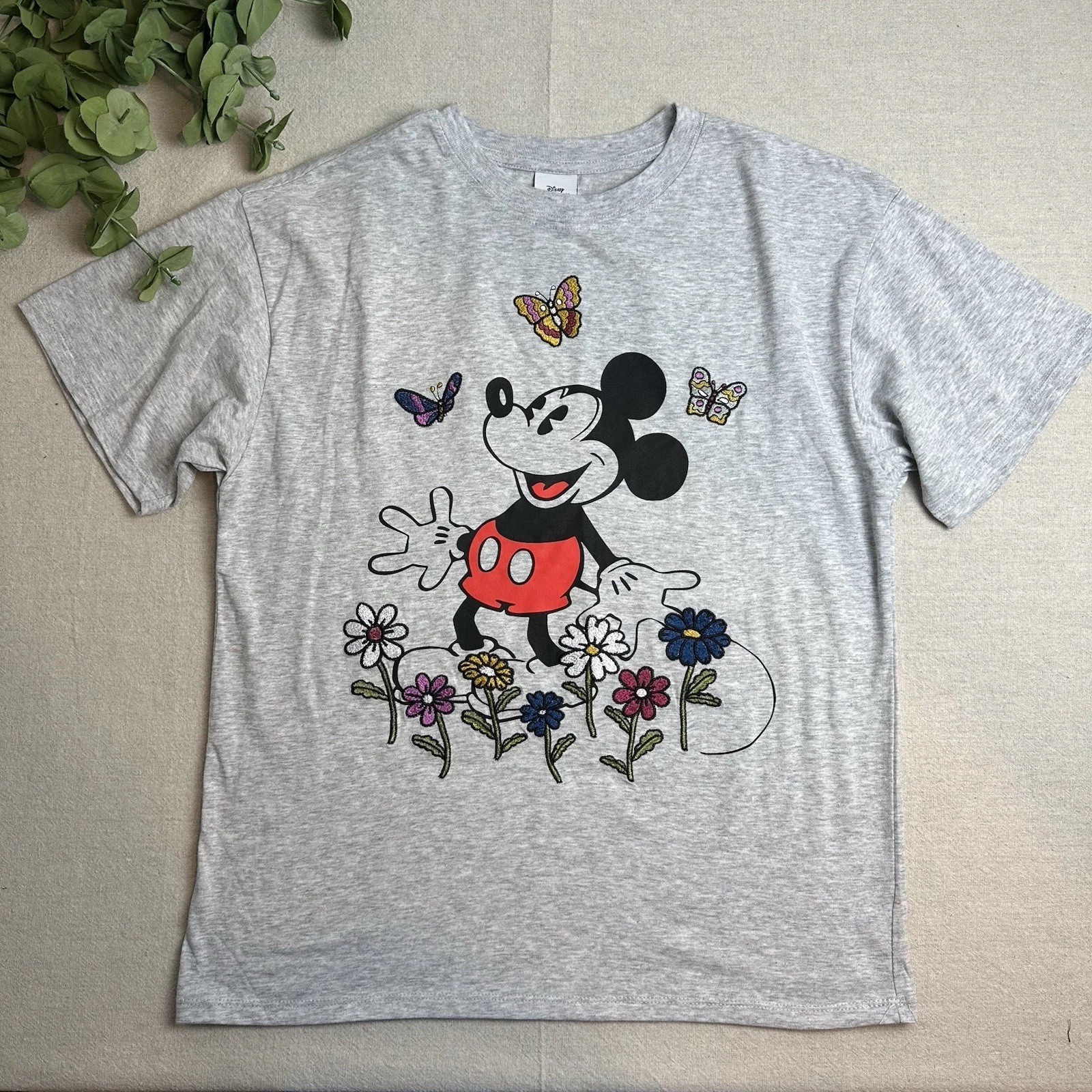 Disney Women’s Size M Mickey Mouse T-shirt Heather Gray Flowers Soft NWOT