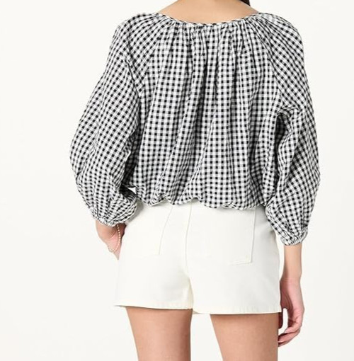 The Drop Womens Shirred Neck Cotton Bubble Hem Top Black/White Gingham XXL