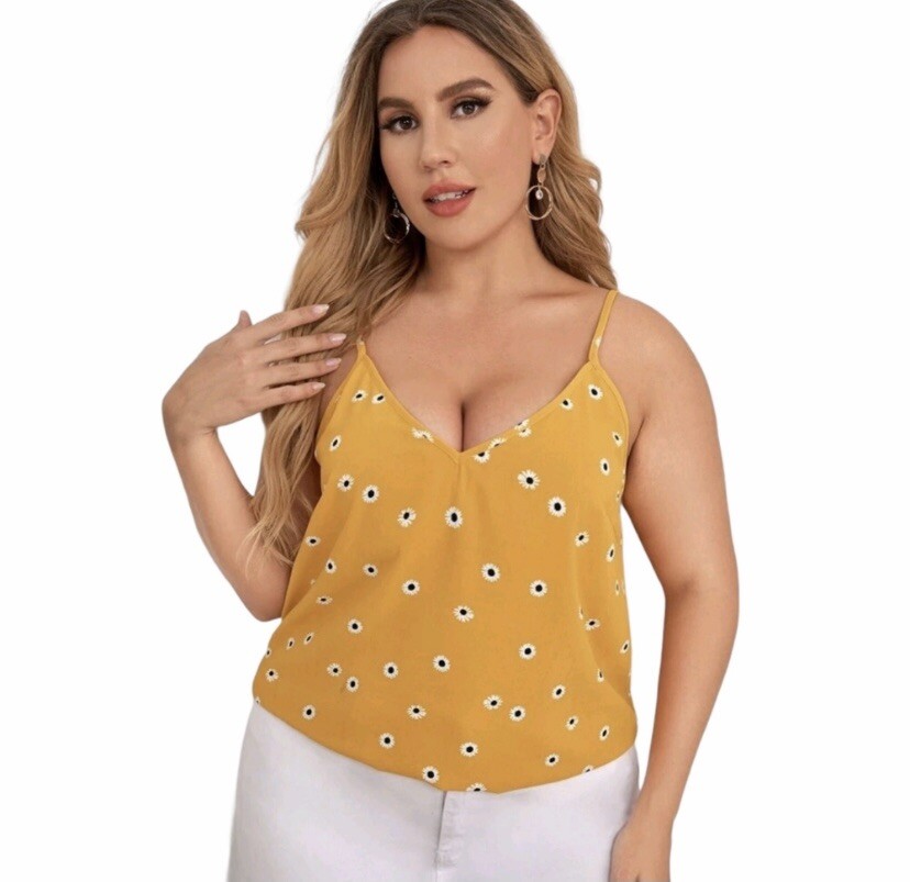 Emery Rose Women’s Adjustable Spaghetti Strap Daisy Print Yellow Tank Top XXL
