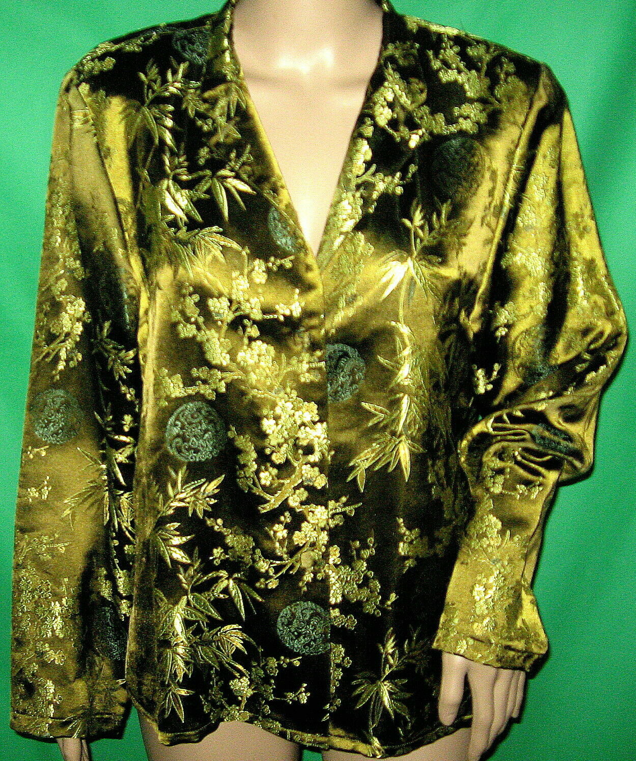 M clio SILKY SATIN embroidered blouse shirt bamboo vtg flower chinese mandarin