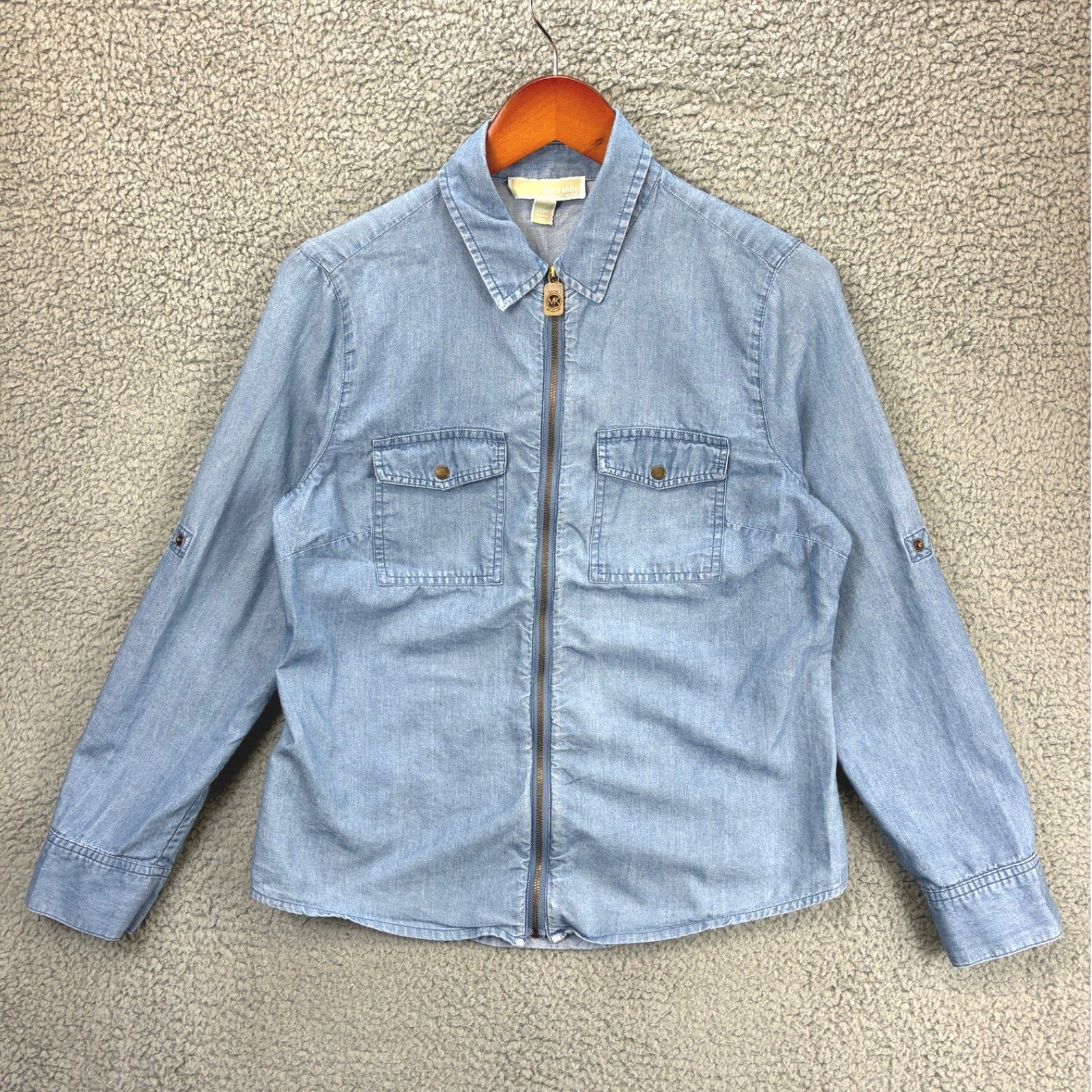 Michael Kors Zip Front Denim Shirt Womens Petite Medium Blue Chambray Shacket