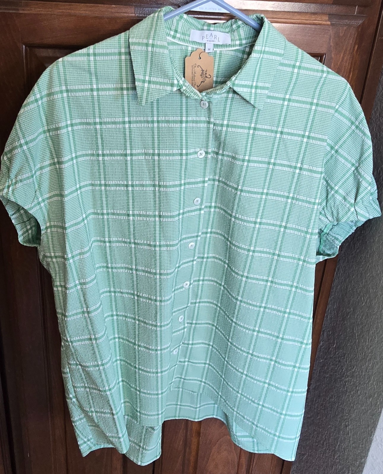 Pearl by Lela Rose Pearl Green /White Medium (M) Button-up Short SleeveTop
