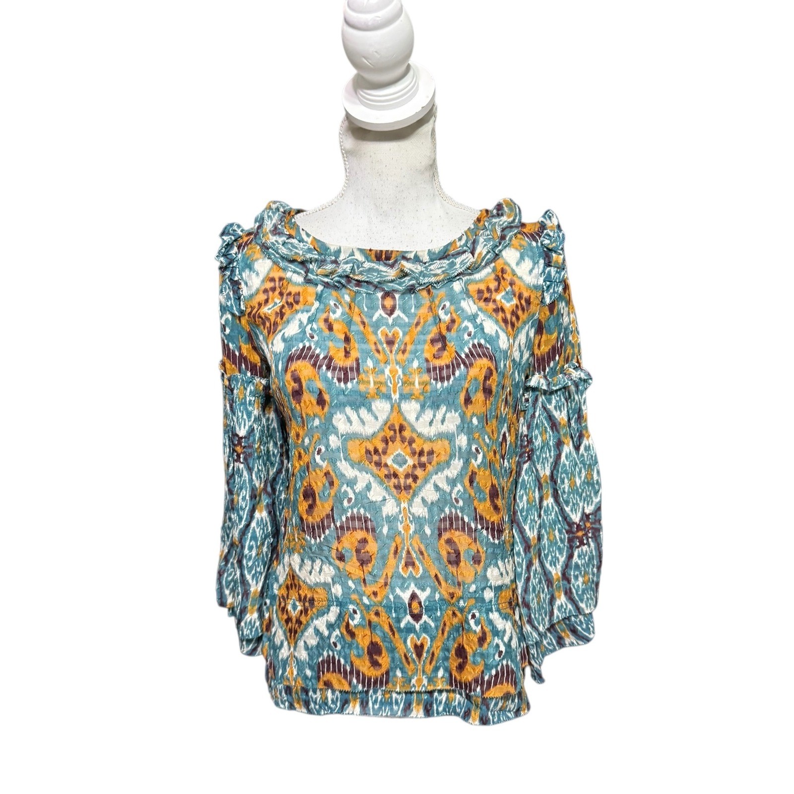 Tory Burch Ikat Print Ruffled Neck 3/4 Sleeve Blouse Top Women’s 4