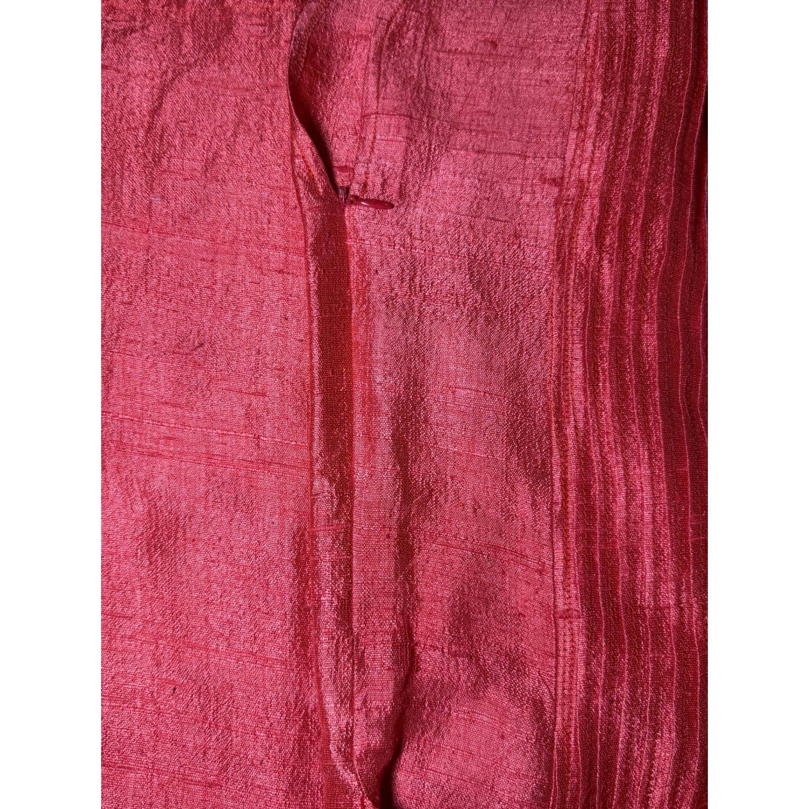 Indo-Chic Red 100% Raw Silk Pleated Mandarin Collar Blouse Top Small