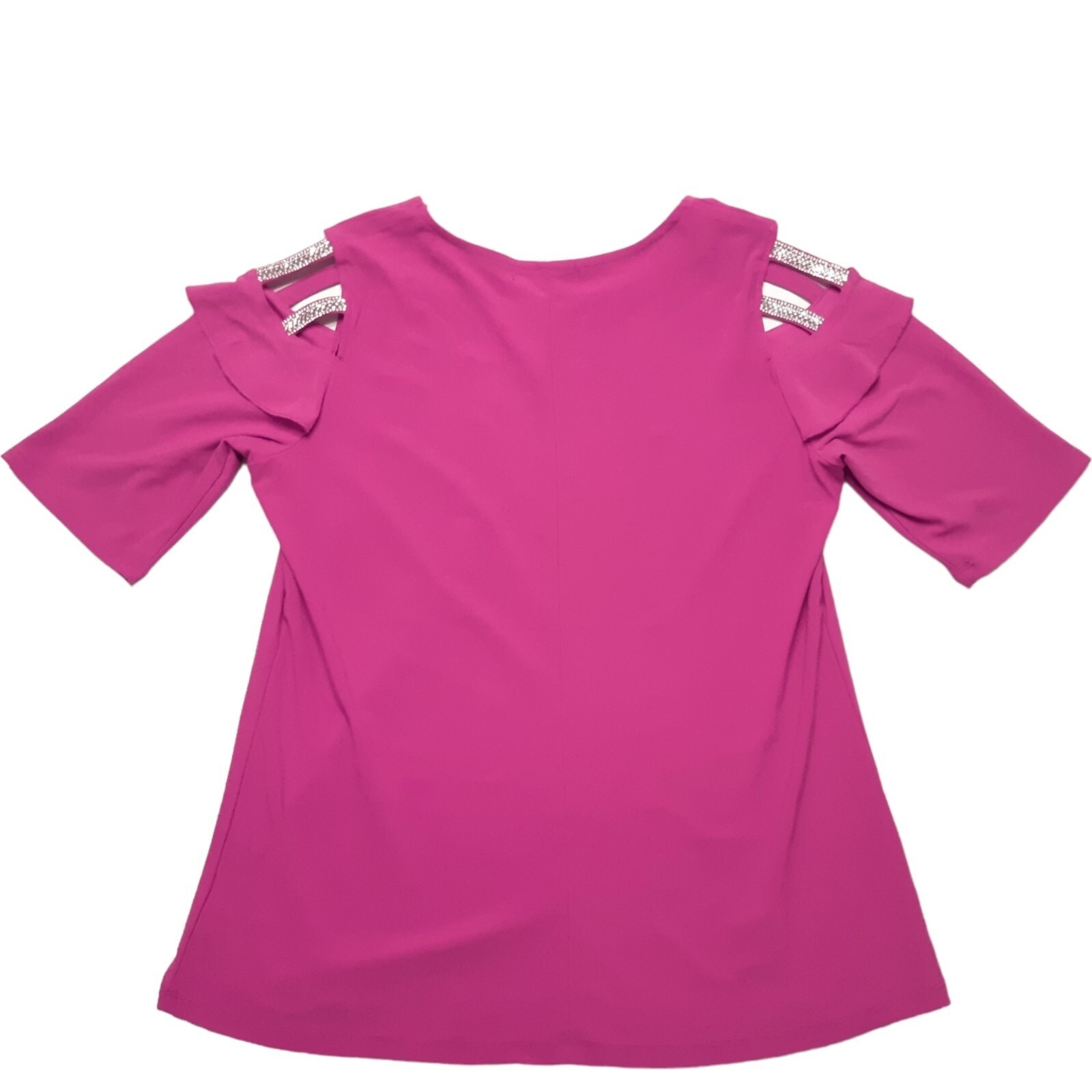 89th Madison Cold Shoulder Blouse Womens Small Hot Magenta Rhinestone Ruffle