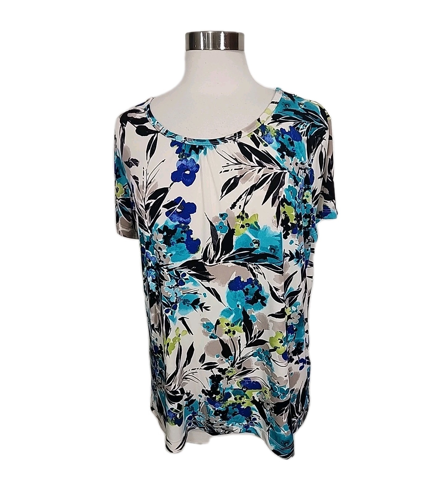 Covington Womens Size XL Blue Tan Floral Short Sleeve Pullover Top Stretch Knit