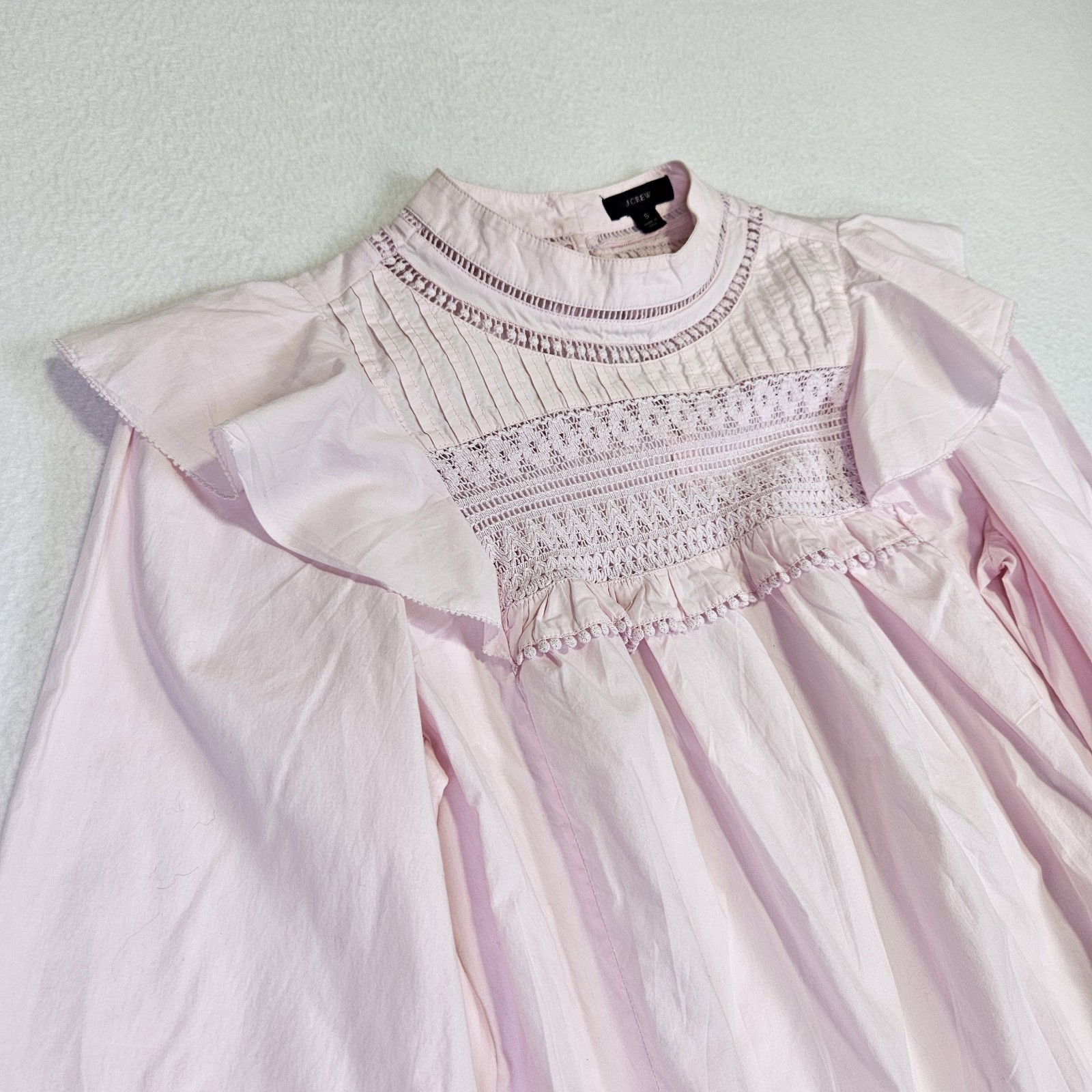 J.Crew Crochet Lace Ruffle Blouse S Pastel Pink Cottagecore Prairie Top Cotton