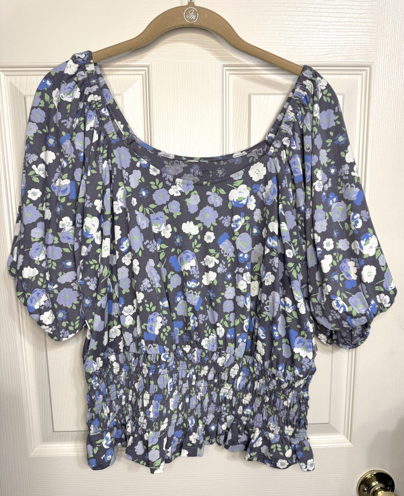 NWT Loft Size L Gray Blue Floral Smocked Elastic Waist Stretch Knit Top Blouse