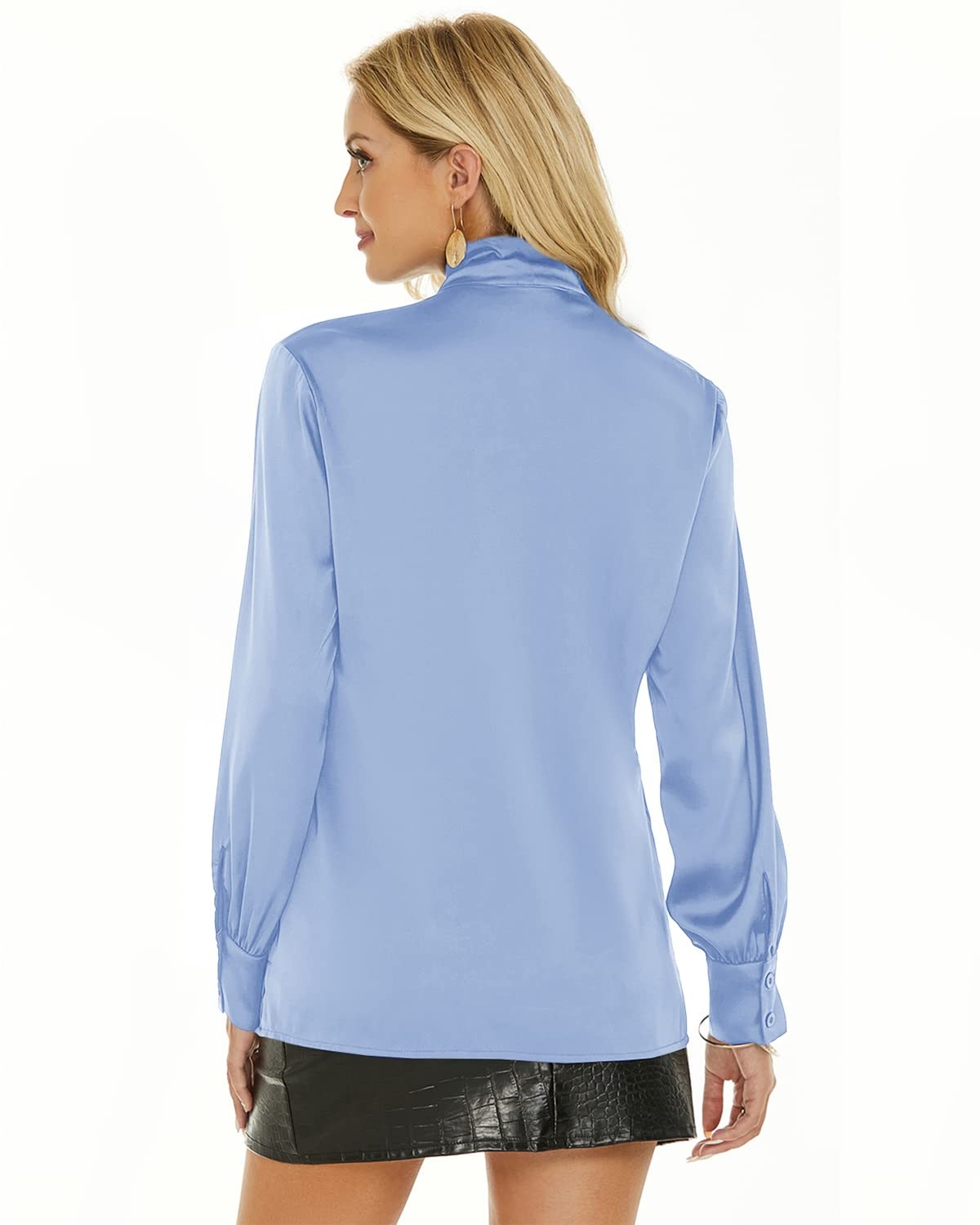 Women’s Silk Blouse Long Sleeve Bow Tie Neck Button Down Shirts Casual Office L
