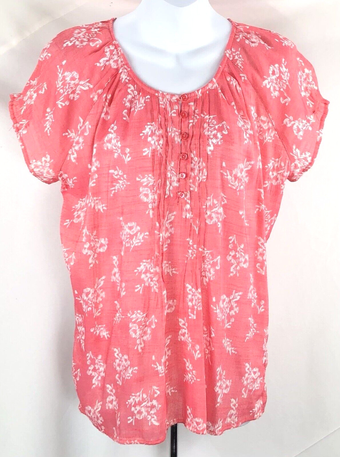 Bit & Bridle Top L Coral Shimmer Floral 1/2 Button Smocked Pleats gauzy romantic