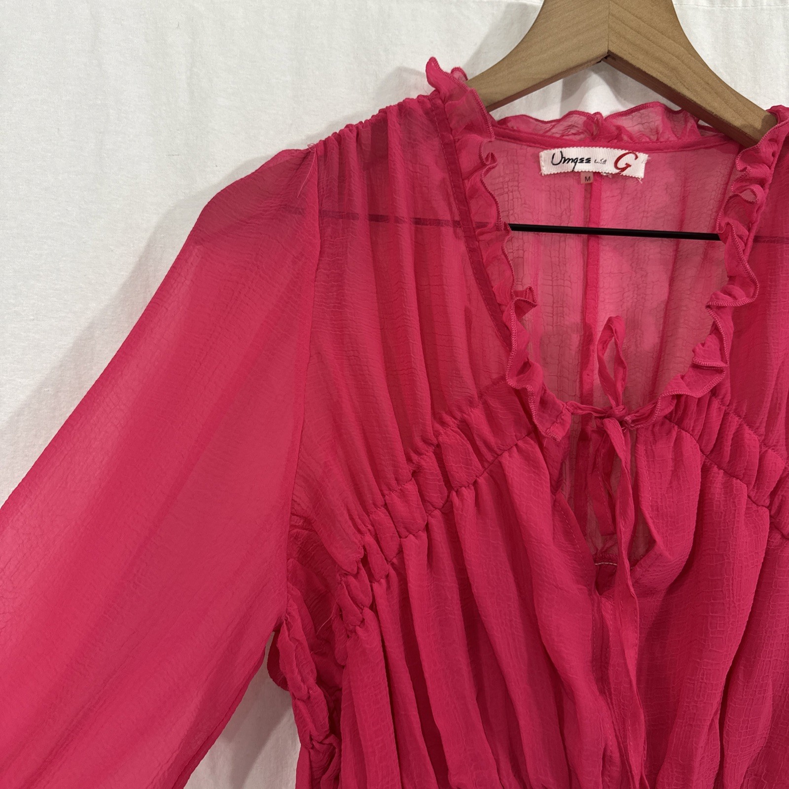 Umgee Hot Pink Sheer Ruffle Coquette Romantic Peasant Top Women’s Sz M
