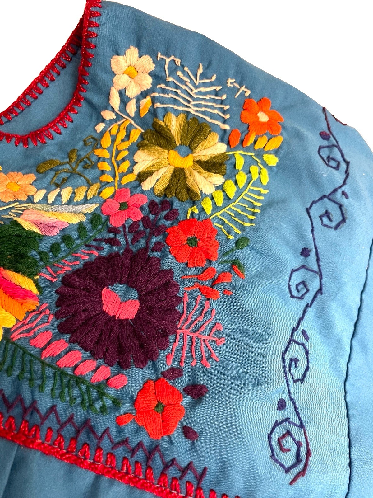 Mexican Peasant Blouse Hand Embroidered Bright Blue XL