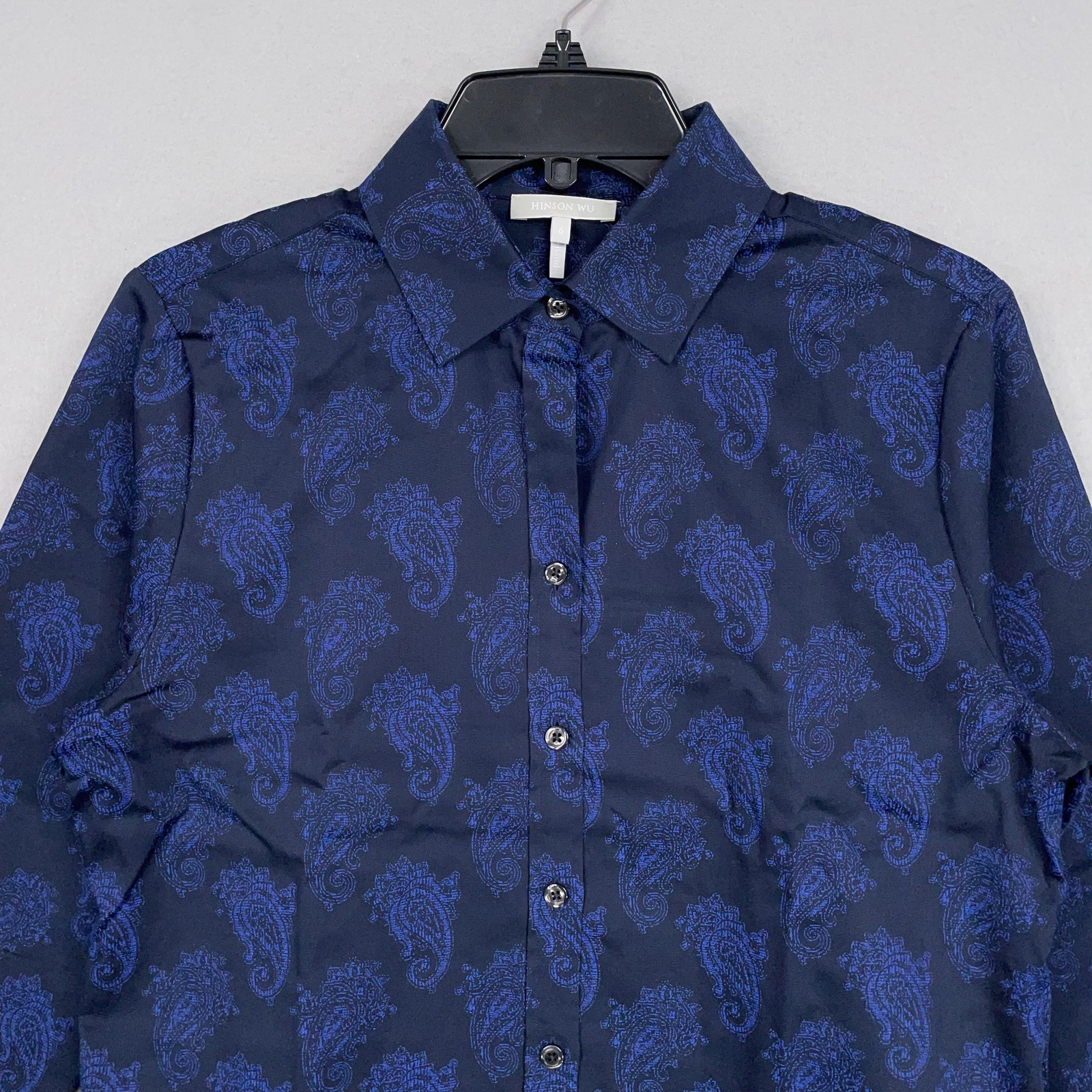 Hinson Wu Shirt Womens 6 Navy Blue Paisley Print Button Front Artsy Blouse Luxe