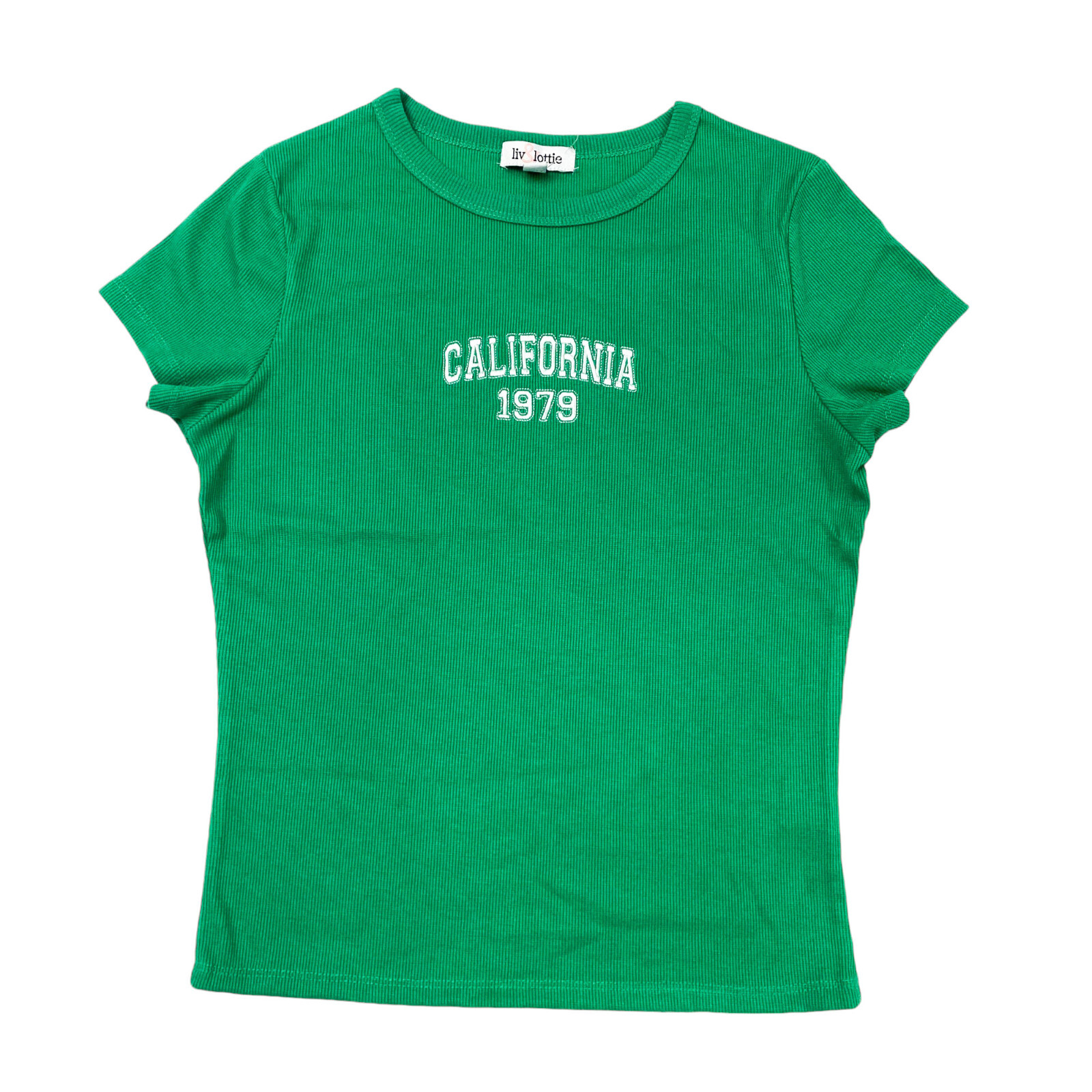Liv & Lottie Womens Juniors Size L Rib Tee ‘California 1979’ Green
