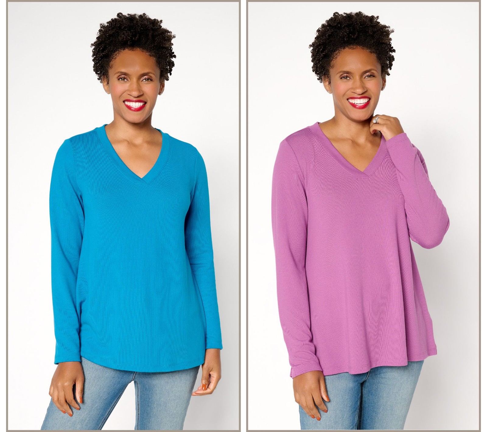 Denim & Co. Essentials Heavenly Jersey 2-Pack Swing Top Dk Teal/Lt Plum M New