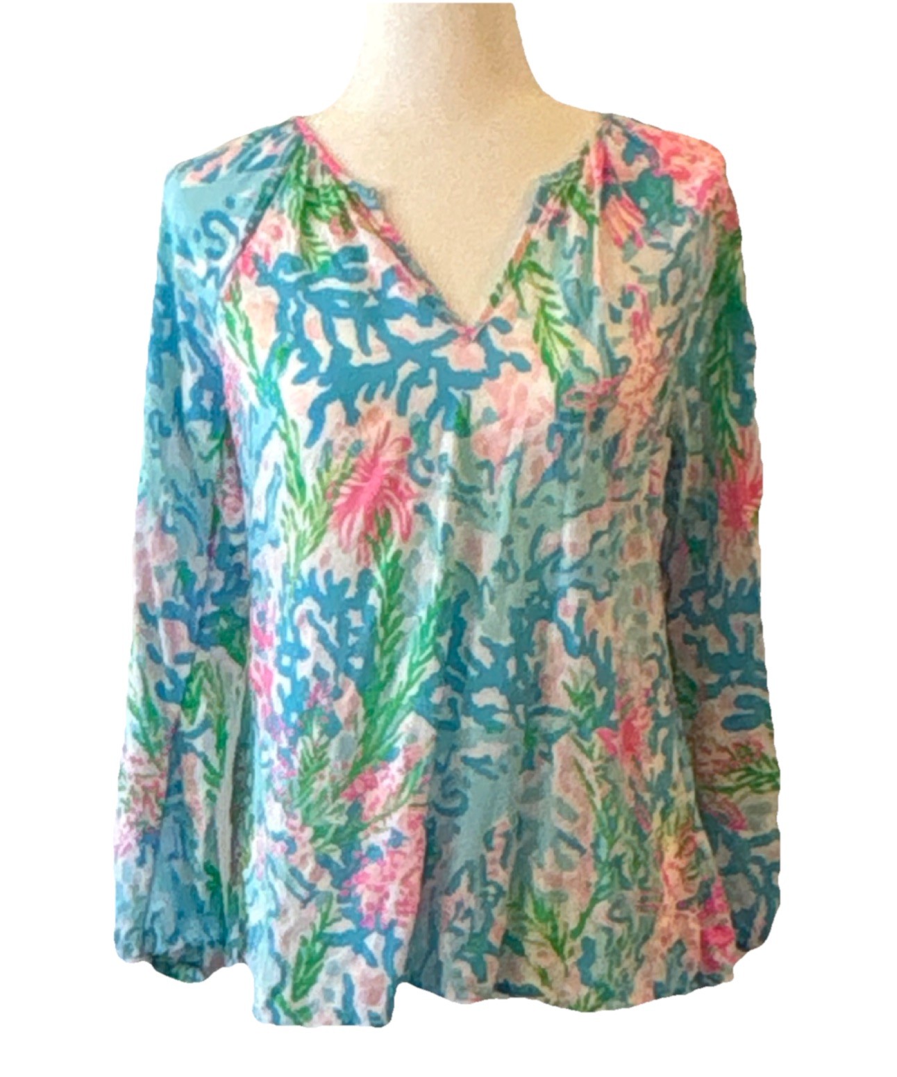 Lilly Pulitzer 100% Rayon Floral Blue/Pink/Green Pullover Long Sleeve Blouse S